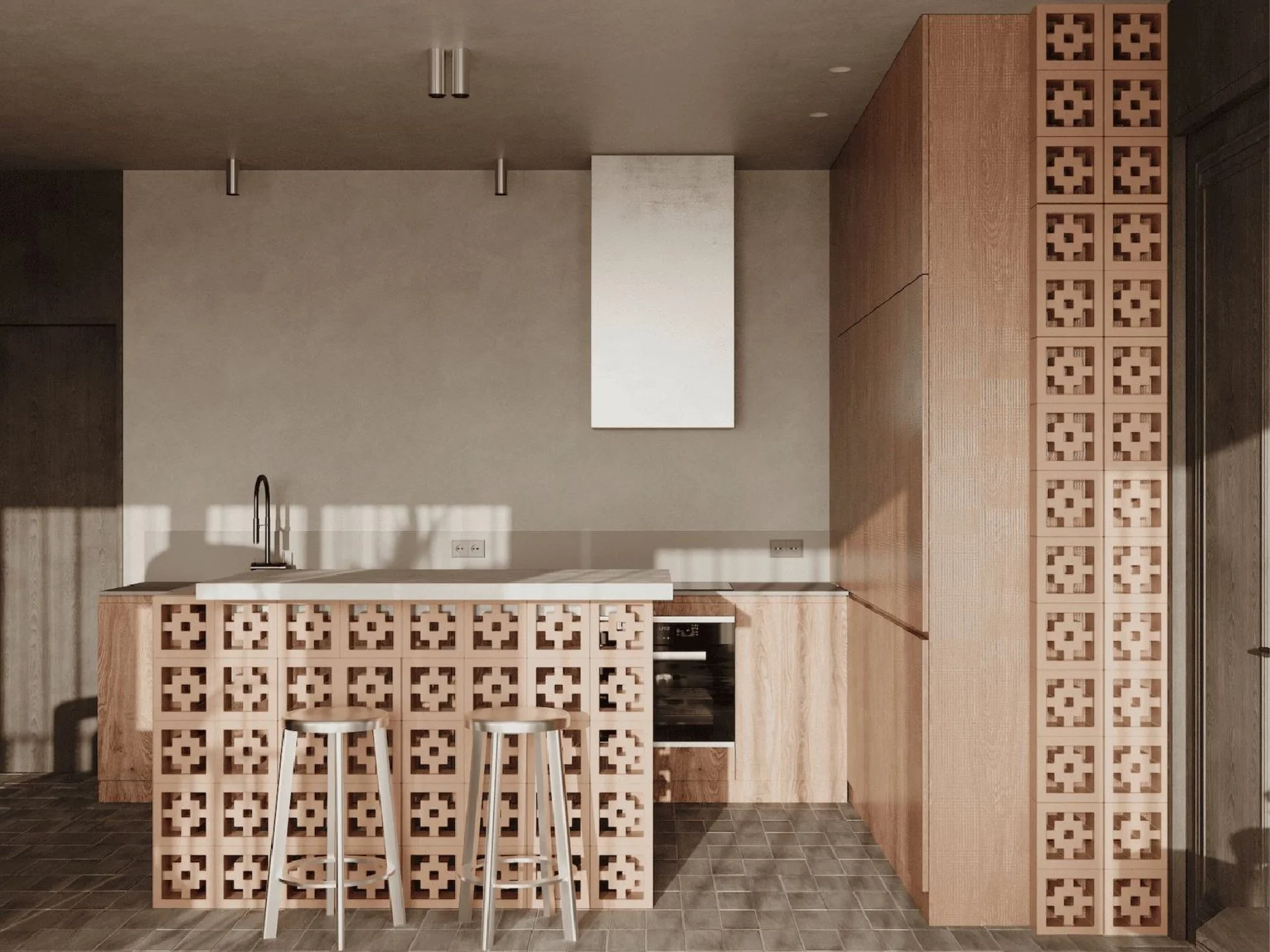 Interior de cocina con gabinetes de celosía de madera en estudio en Bamboo Forest, Bang Tao