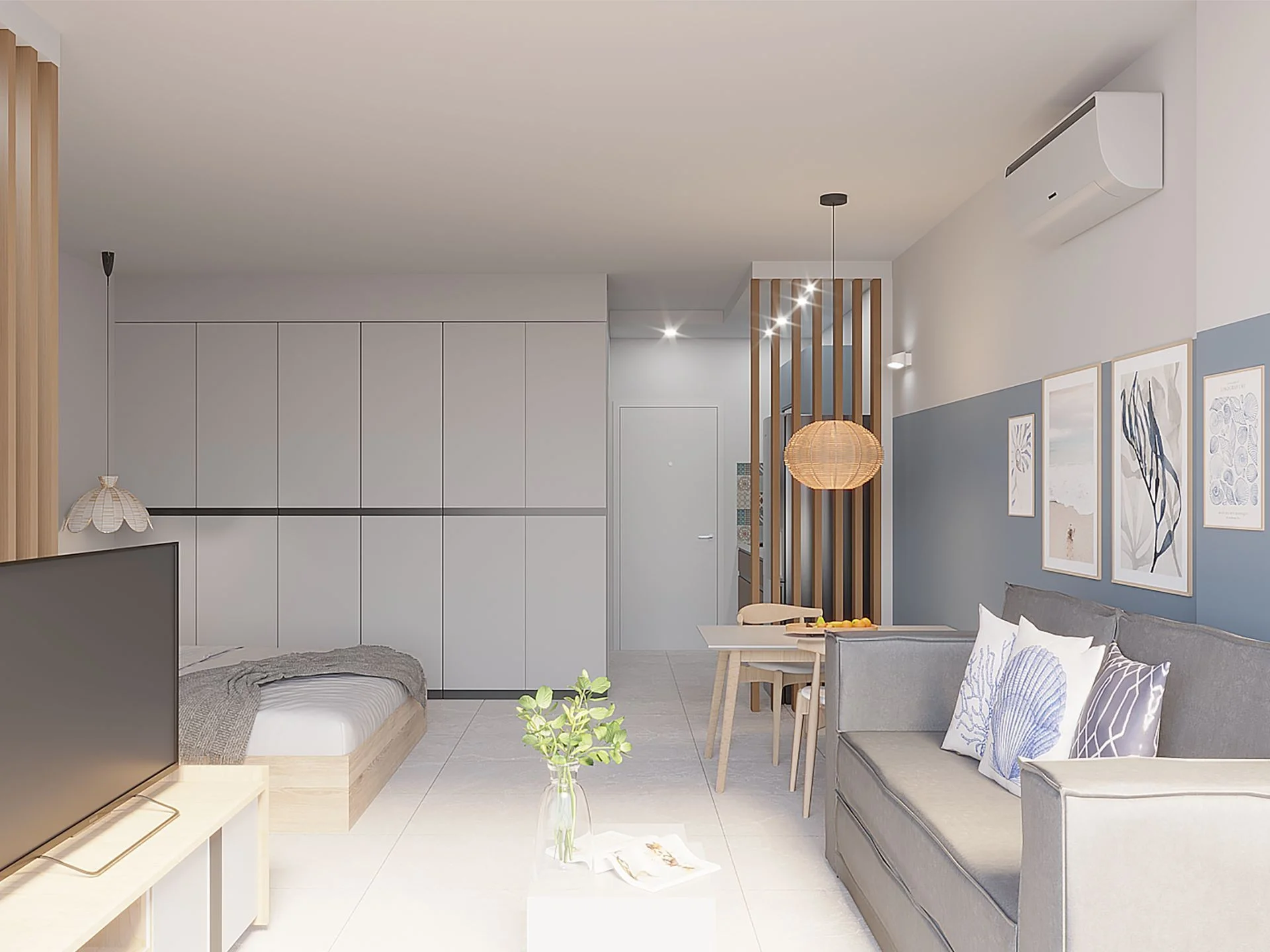 Interno studio con zona living, camera da letto e angolo cottura a Babylon Sky Garden II, Rawai
