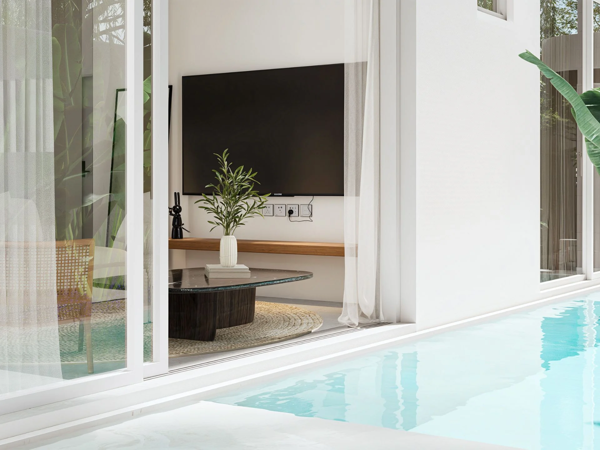 Интерьер гостиной с видом на бассейн в Midori Townhome, Пхукет