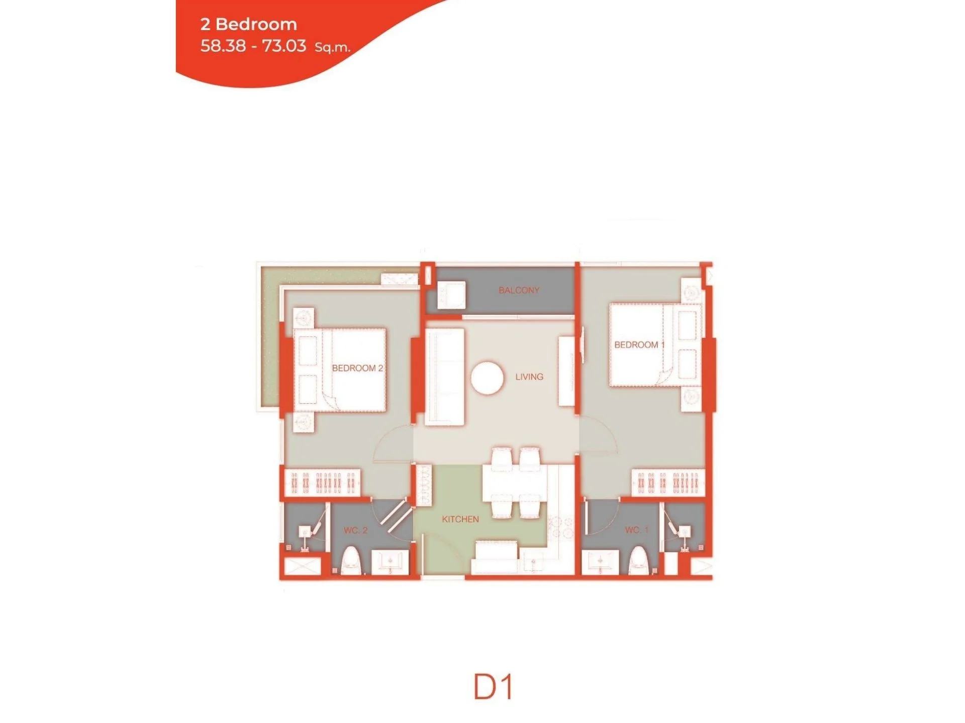 2 bed 58 sqm unit plan