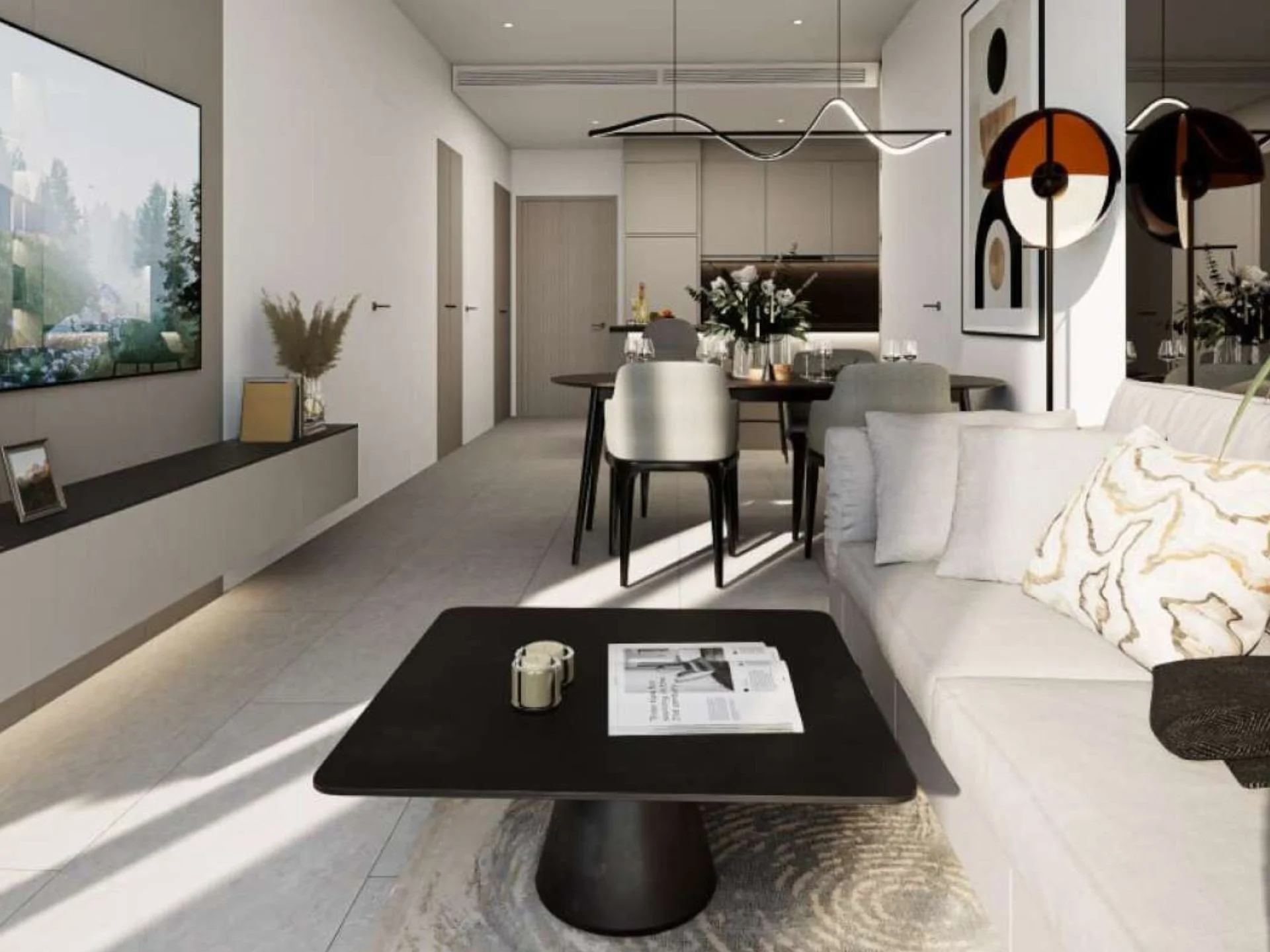 Открытая гостиная и столовая в 2-комнатной квартире Next Point Condominium, Таиланд