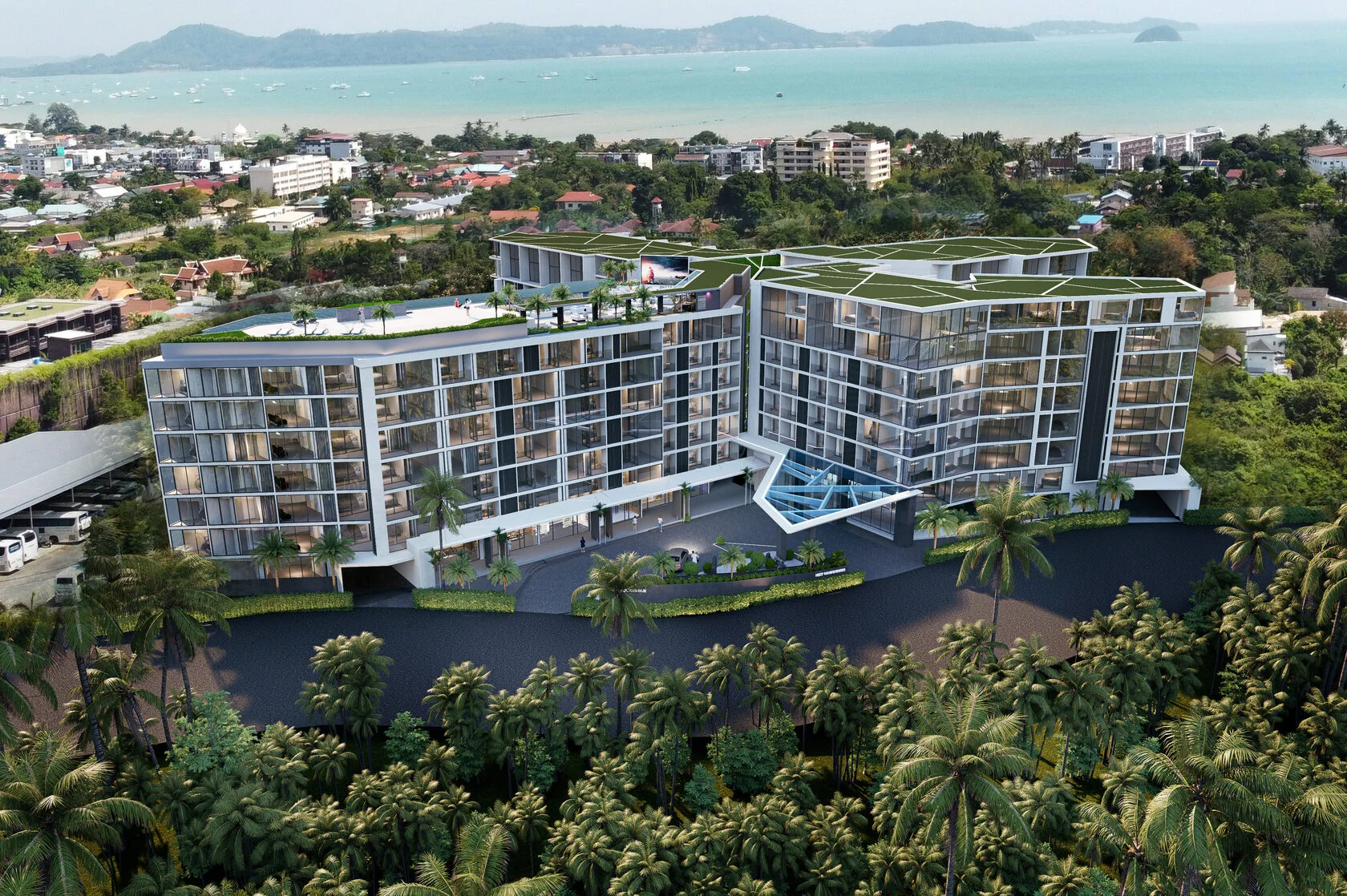 Modernes Wohnkomplex am Wasser mit Gründächern mit Blick auf die Andamanensee, Thailand