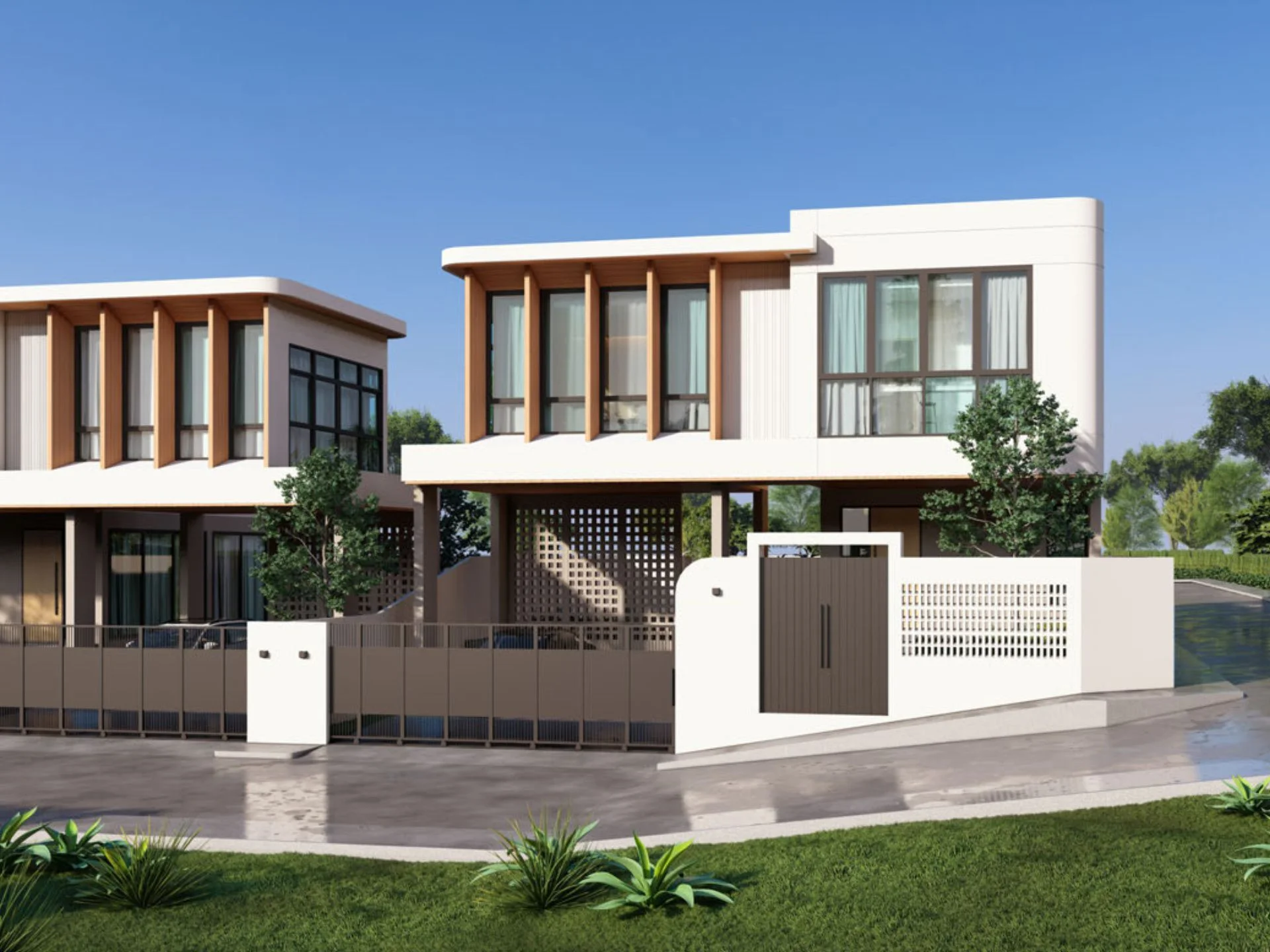 Moderne Villenarchitektur mit Holzakzenten bei NAI Villas Urban, Chalong