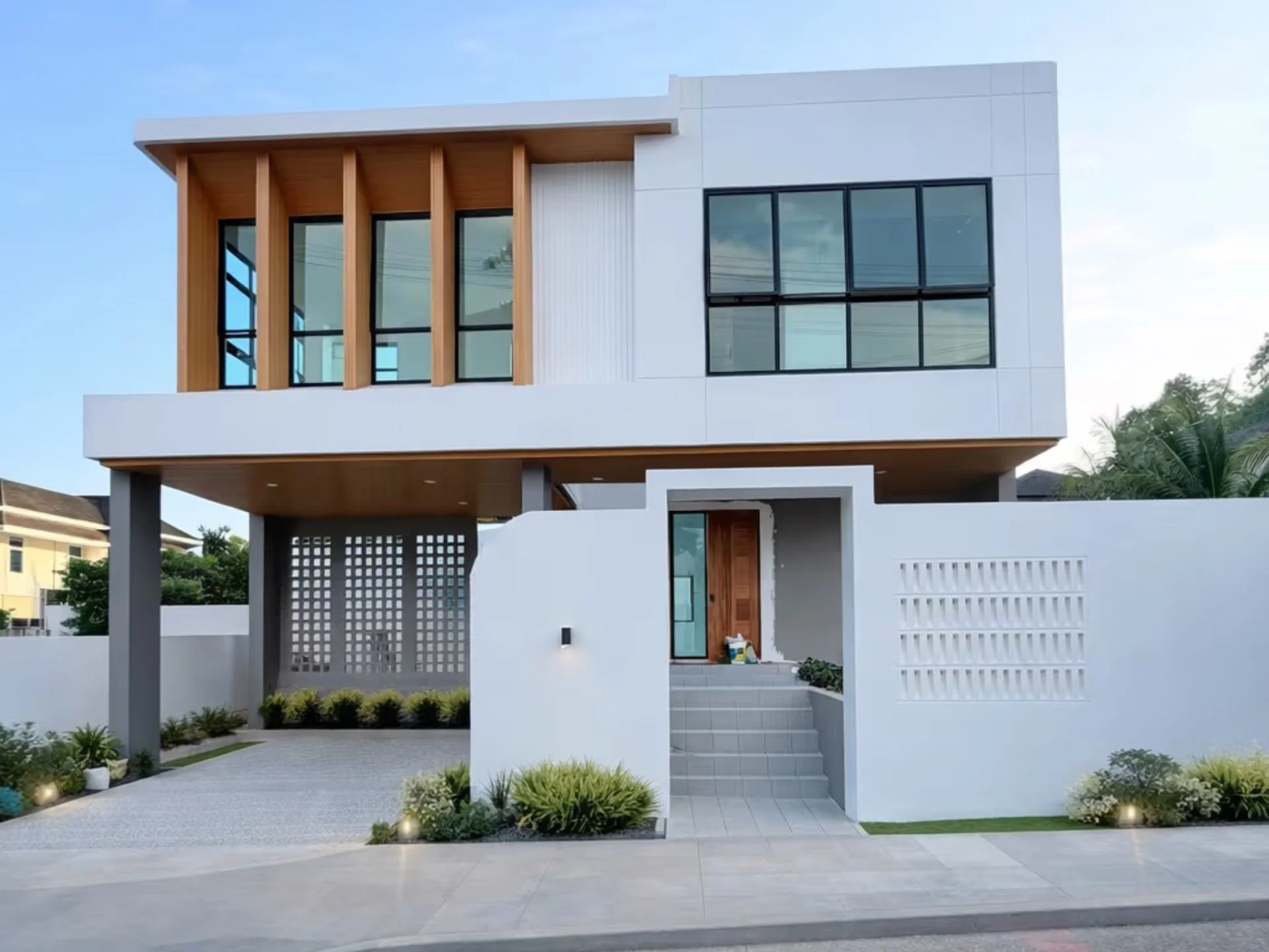 Moderne Villenarchitektur mit Holz- und weißer Fassade bei NAI Villas Urban, Chalong