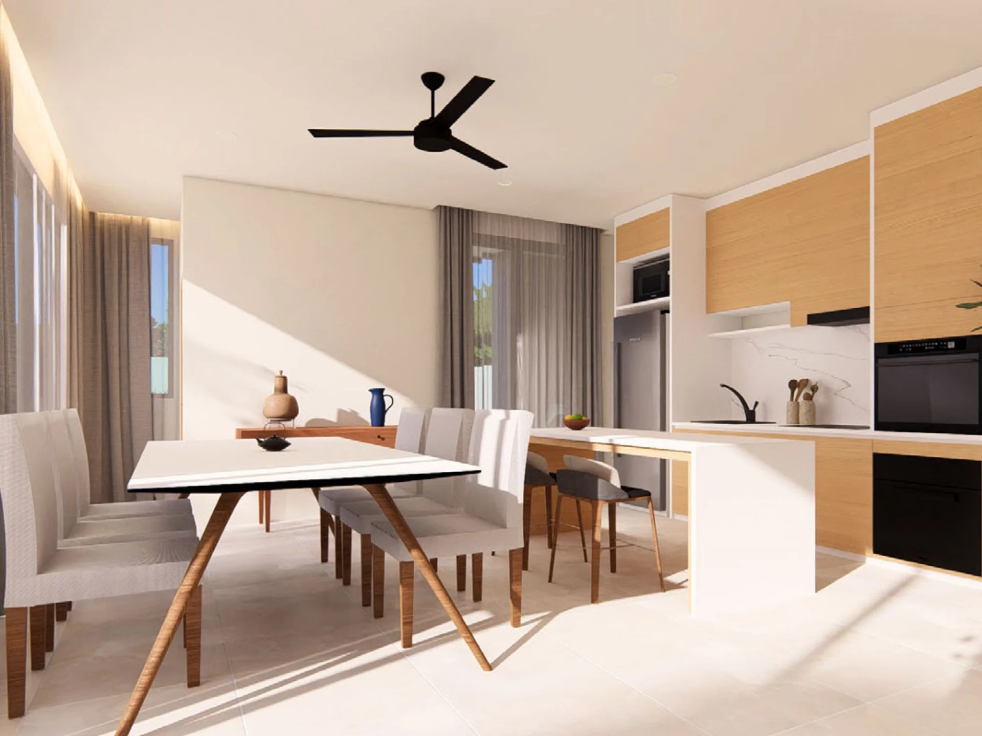 Otevřený kuchyňský a jídelní prostor v apartmánu NAI Villas Urban, Thajsko