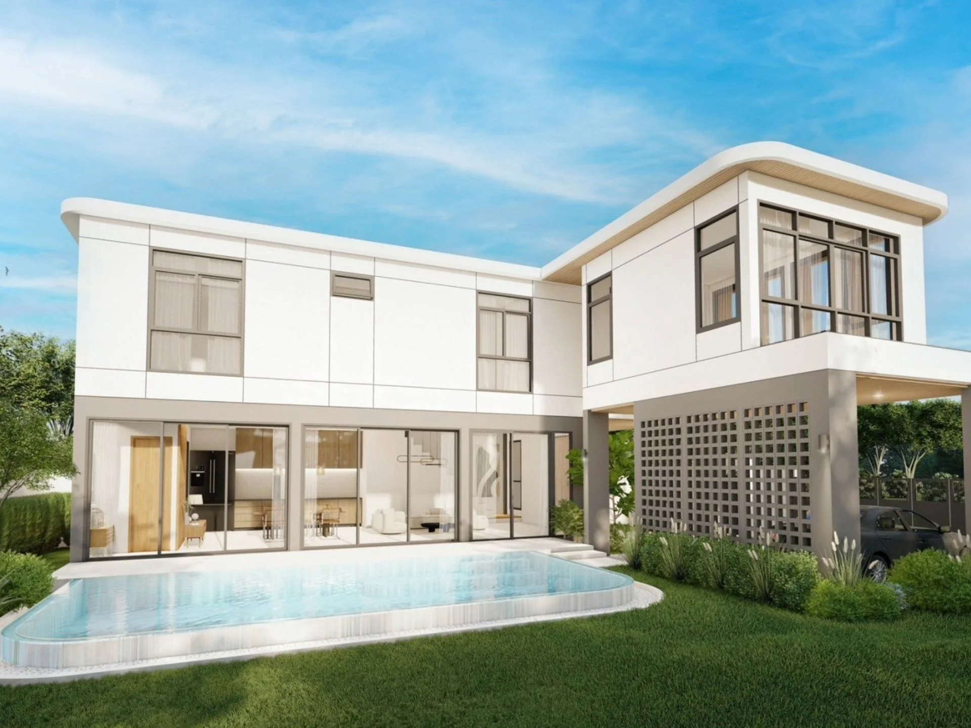 Moderní architektura vily s bazénem v NAI Villas Urban, Thajsko