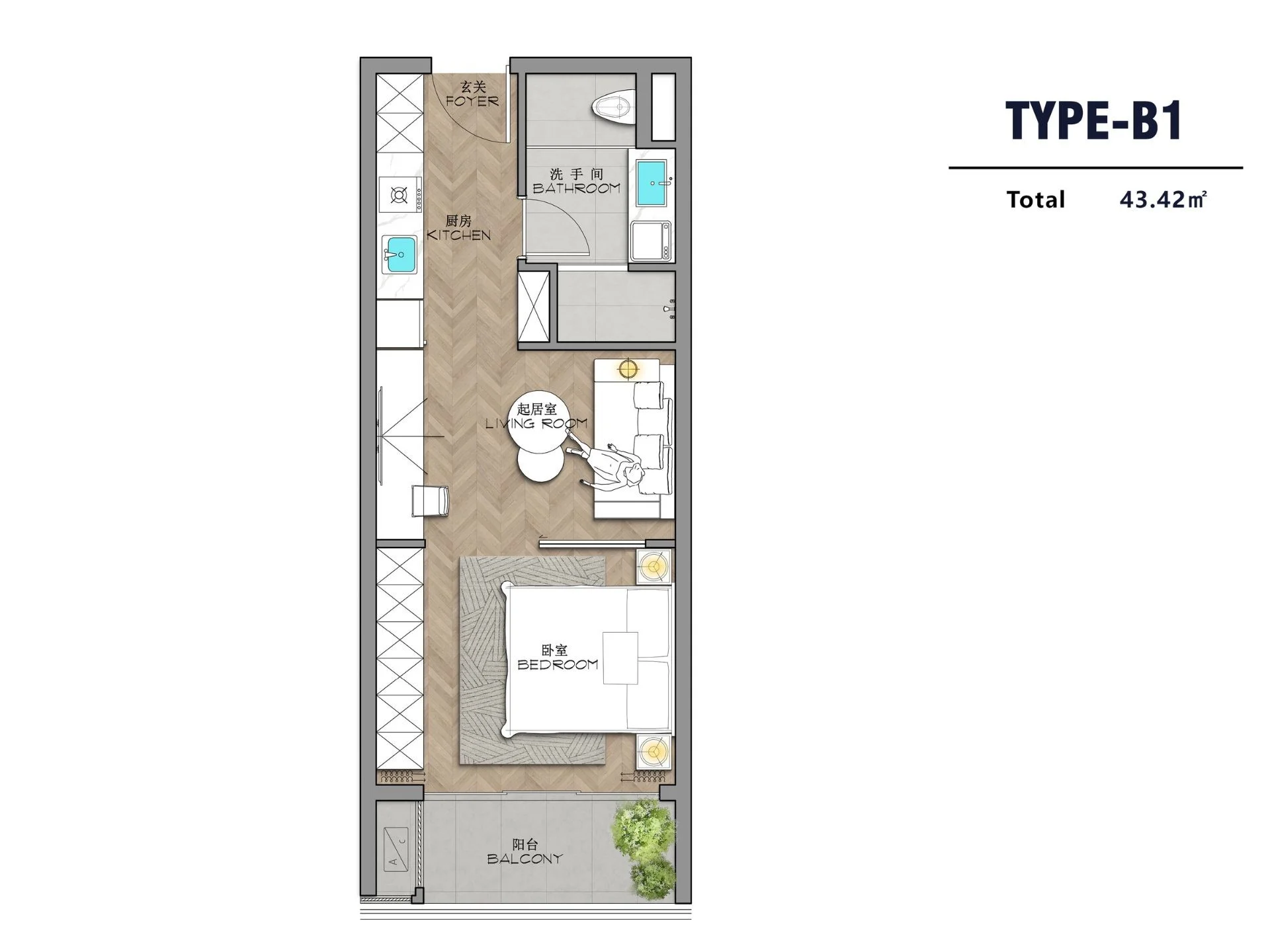 1 bedroom 44 sqm unit plan