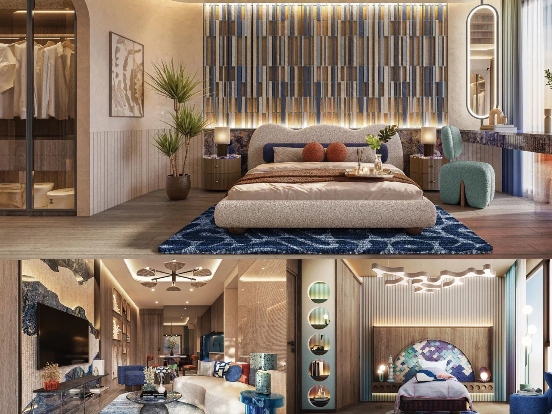 Interior del dormitorio principal en apartamento de 2 dormitorios en Bellevue Beachfront, Tailandia