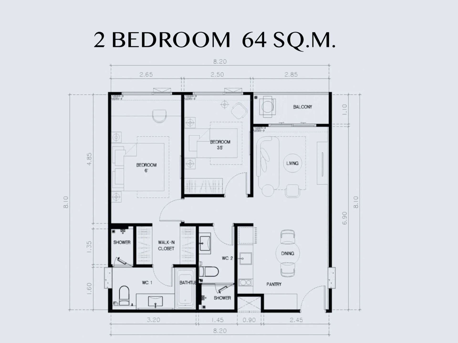 2 bed 64 sqm unit plan