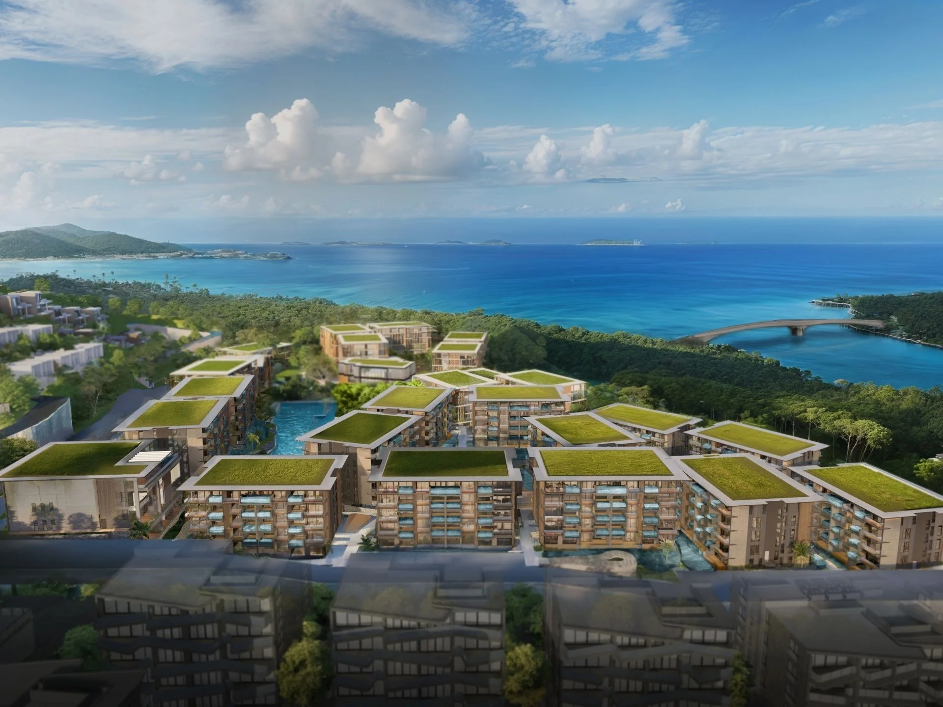 Вид с воздуха на комплекс Abov Patong Residence с видом на море и острова, Таиланд