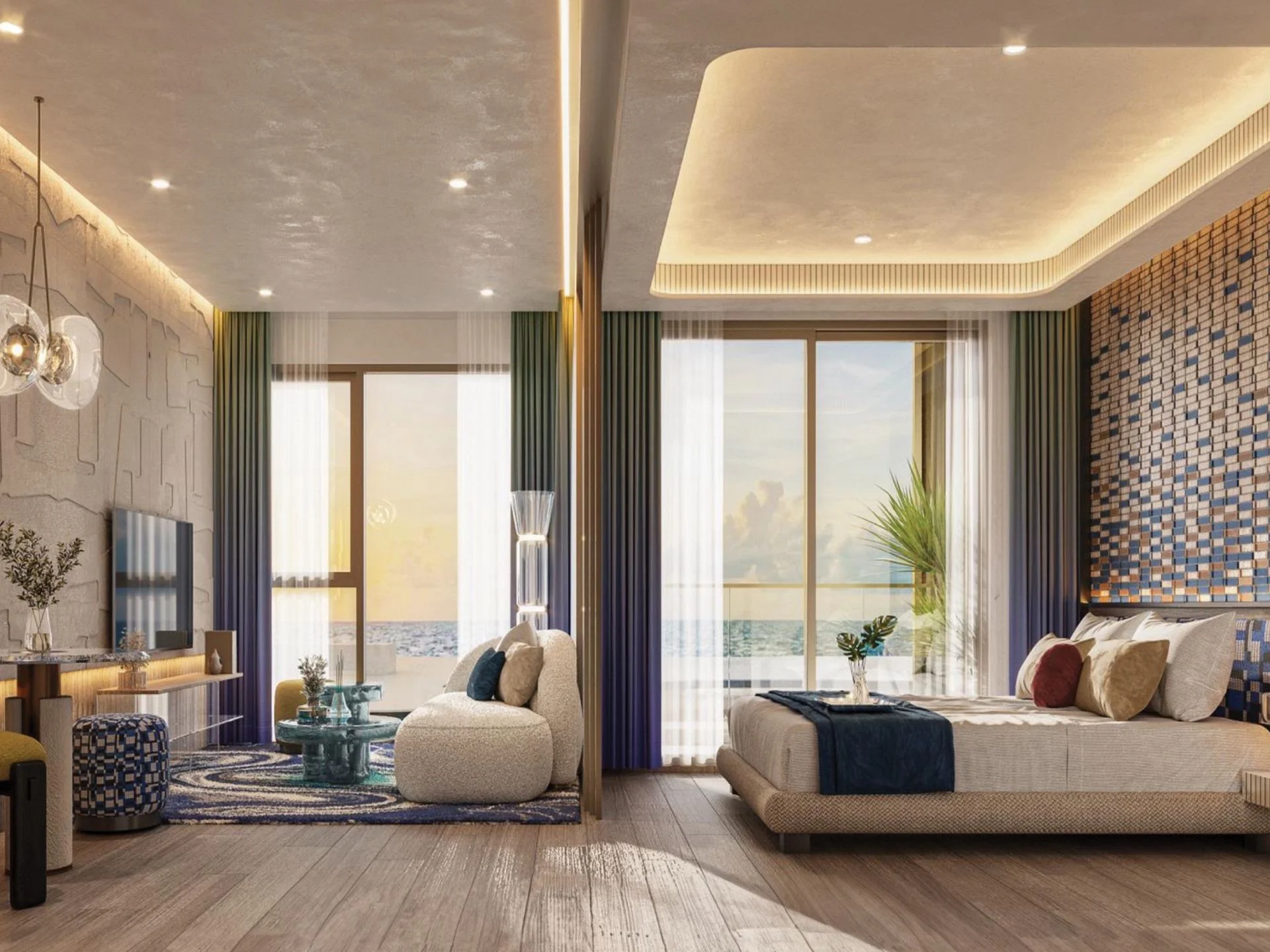 Dormitorio principal y sala de estar en apartamento de 1 dormitorio en Bellevue Beachfront, Tailandia