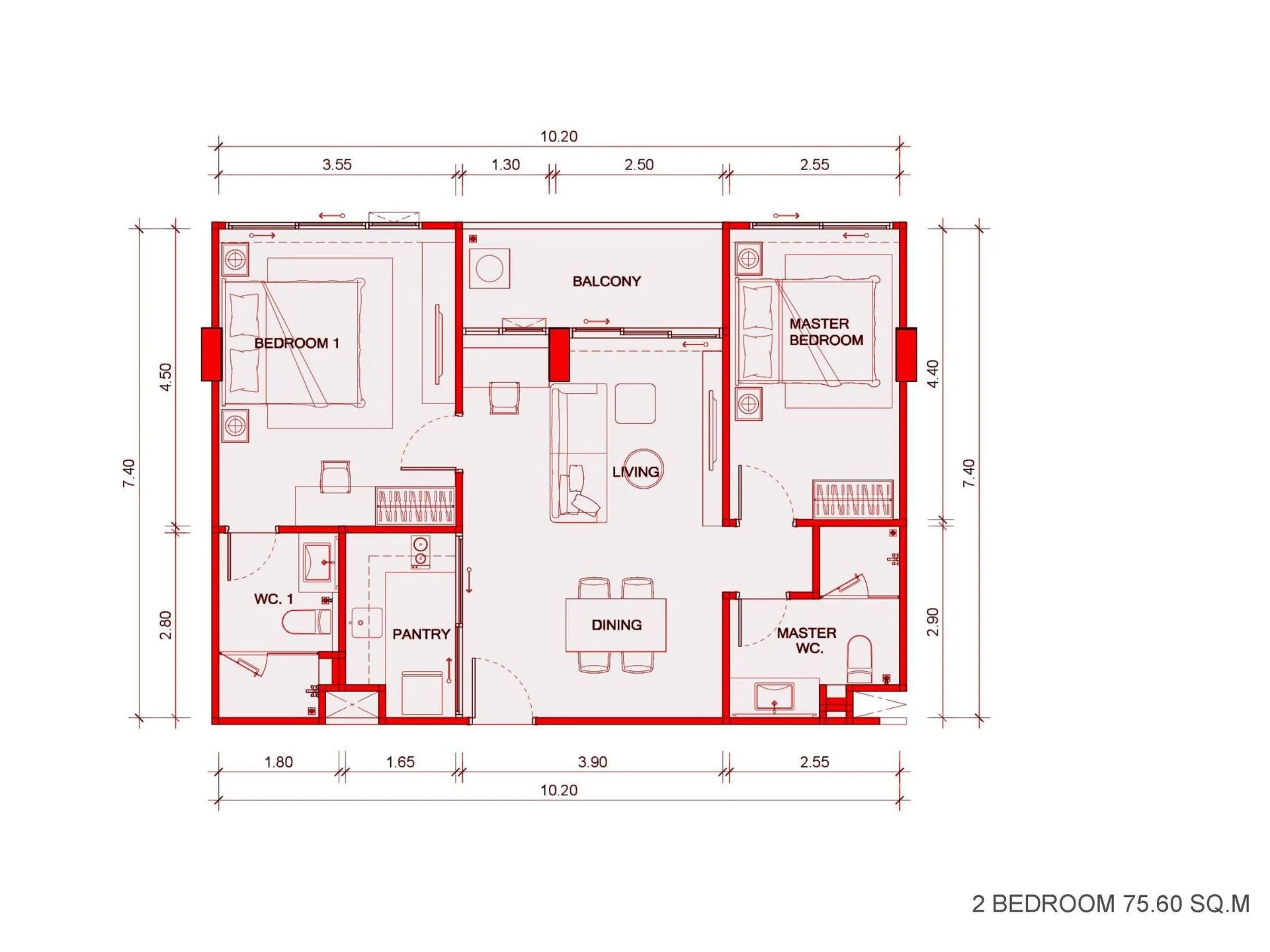 2 bedroom 75 sqm unit plan