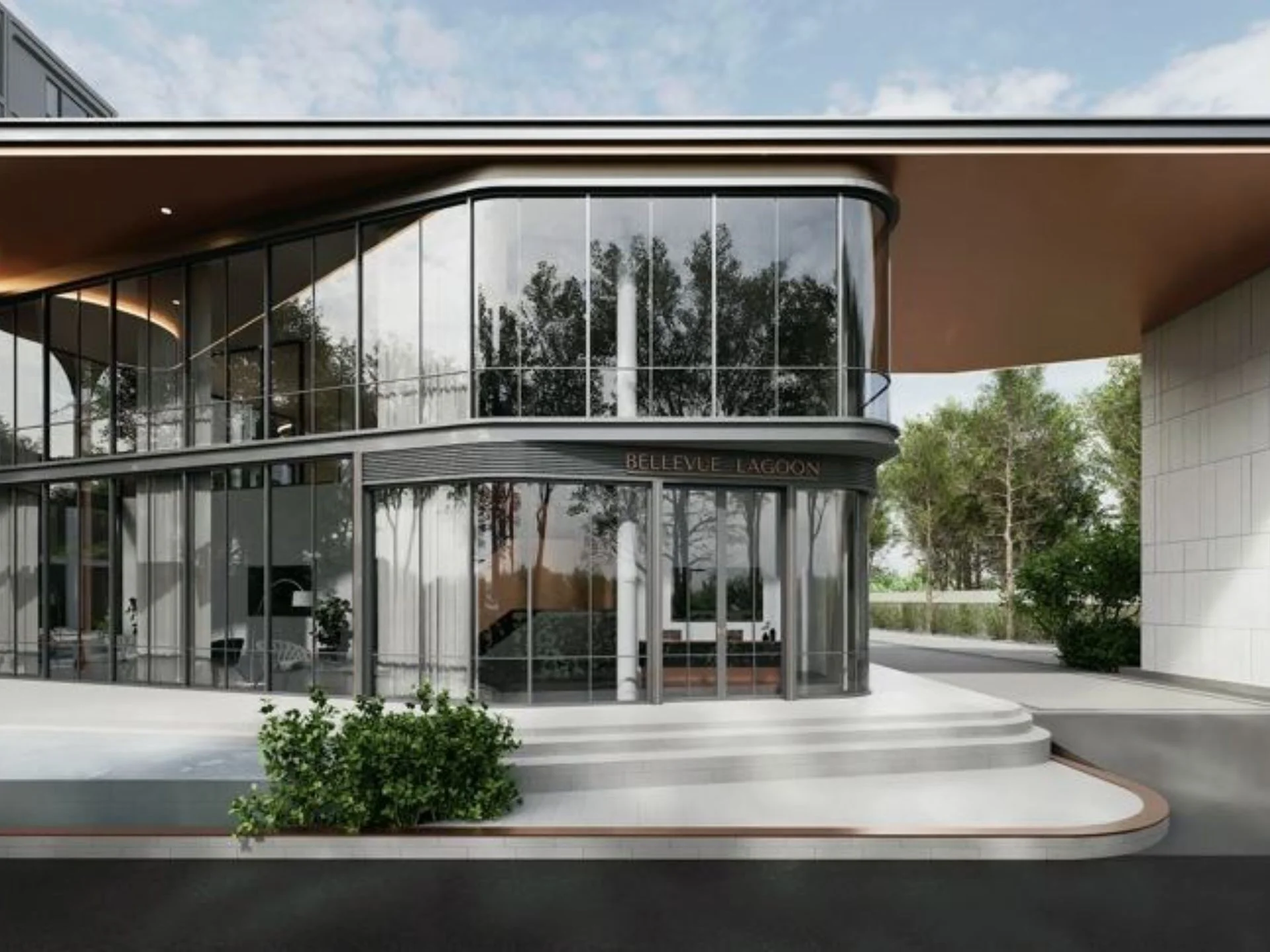 Архитектура резиденции Bellevue Lagoon с изогнутым стеклянным фасадом, Bang Tao