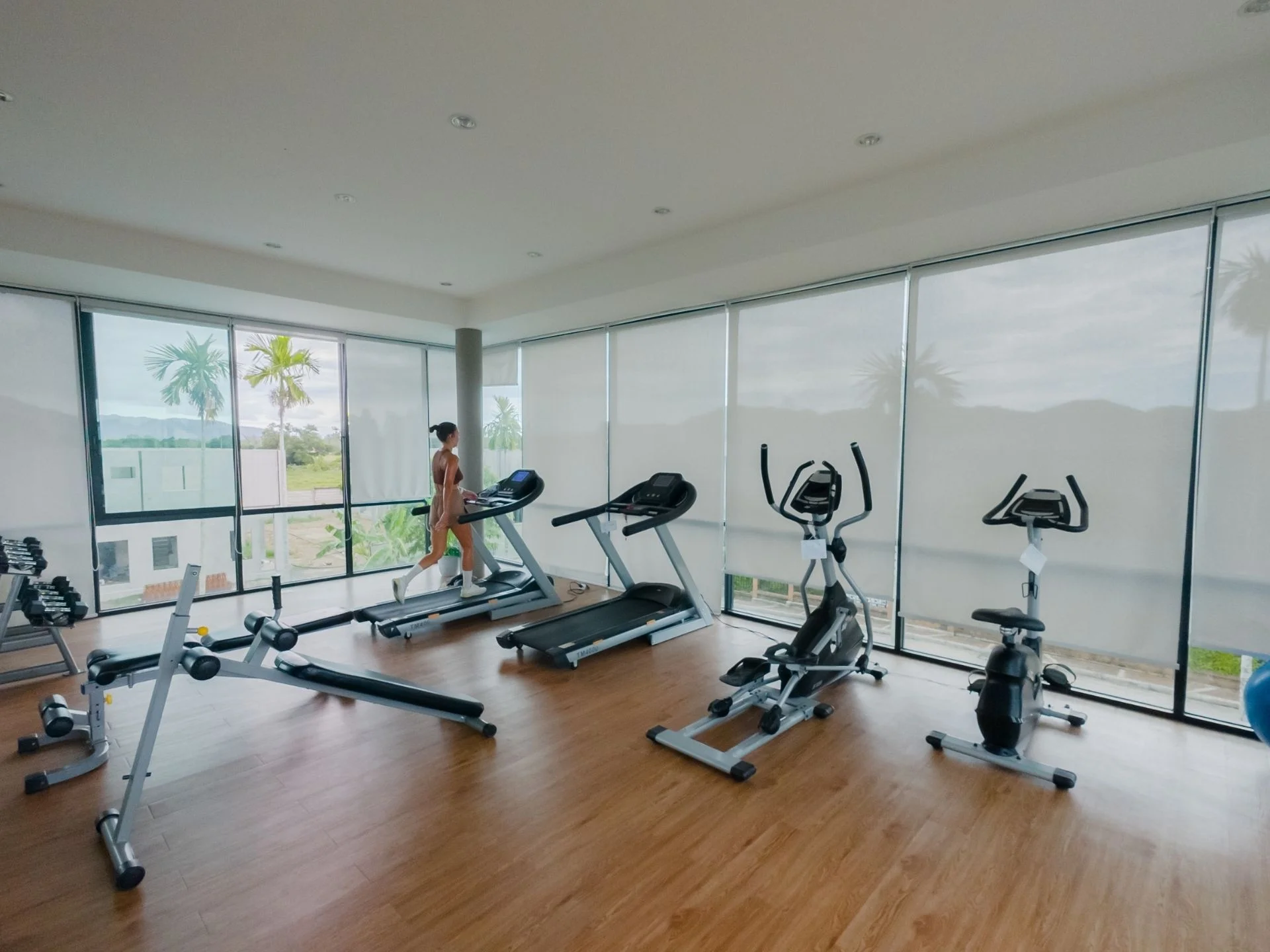 Fitness centrum s běžícími pásy a rotopedy ve vile The Plant, Talangs