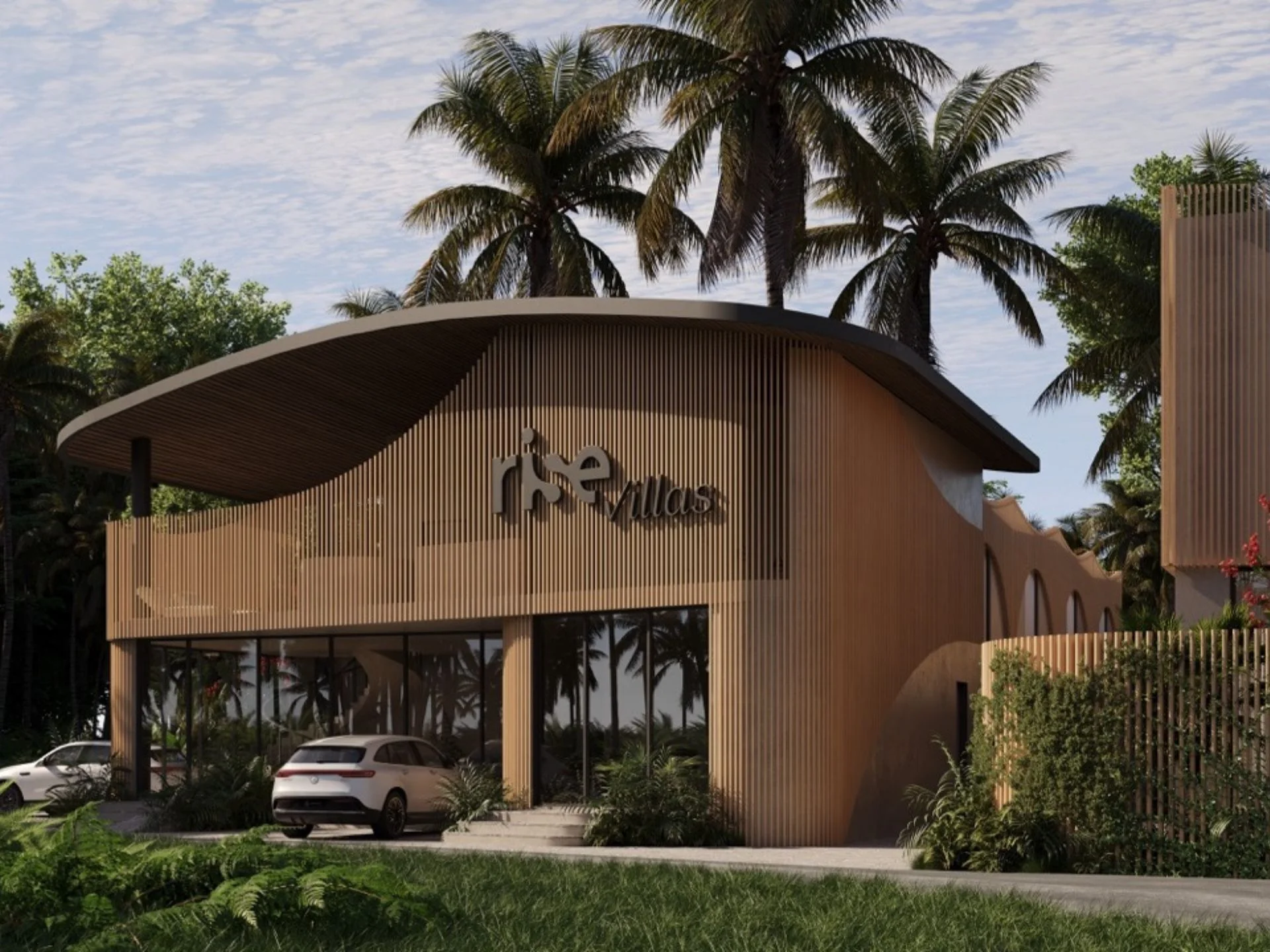 Архитектура Rise Villas с изогнутым деревянным фасадом и навесом, Банг Тао