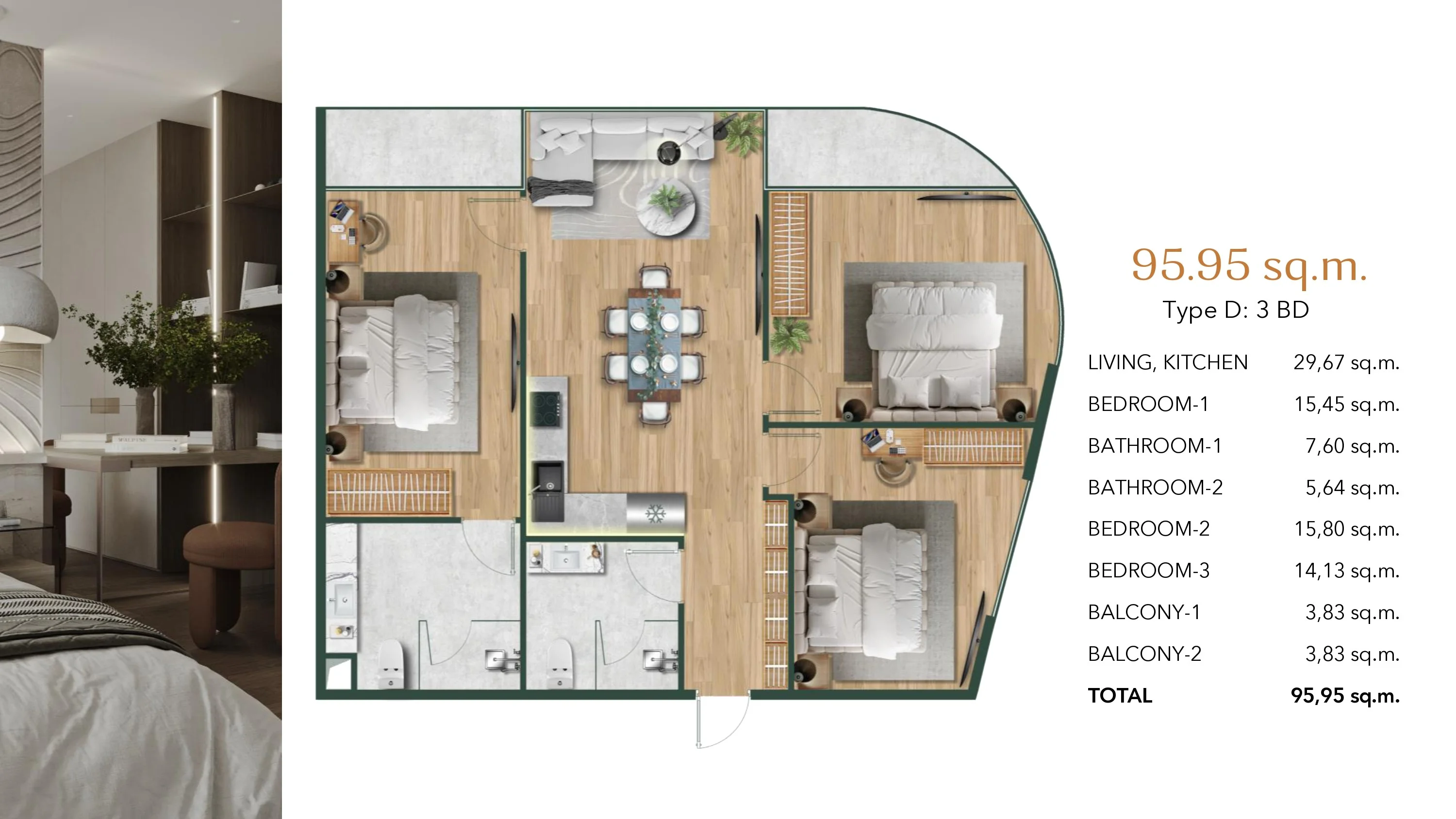 3 bed 96 sqm unit plan