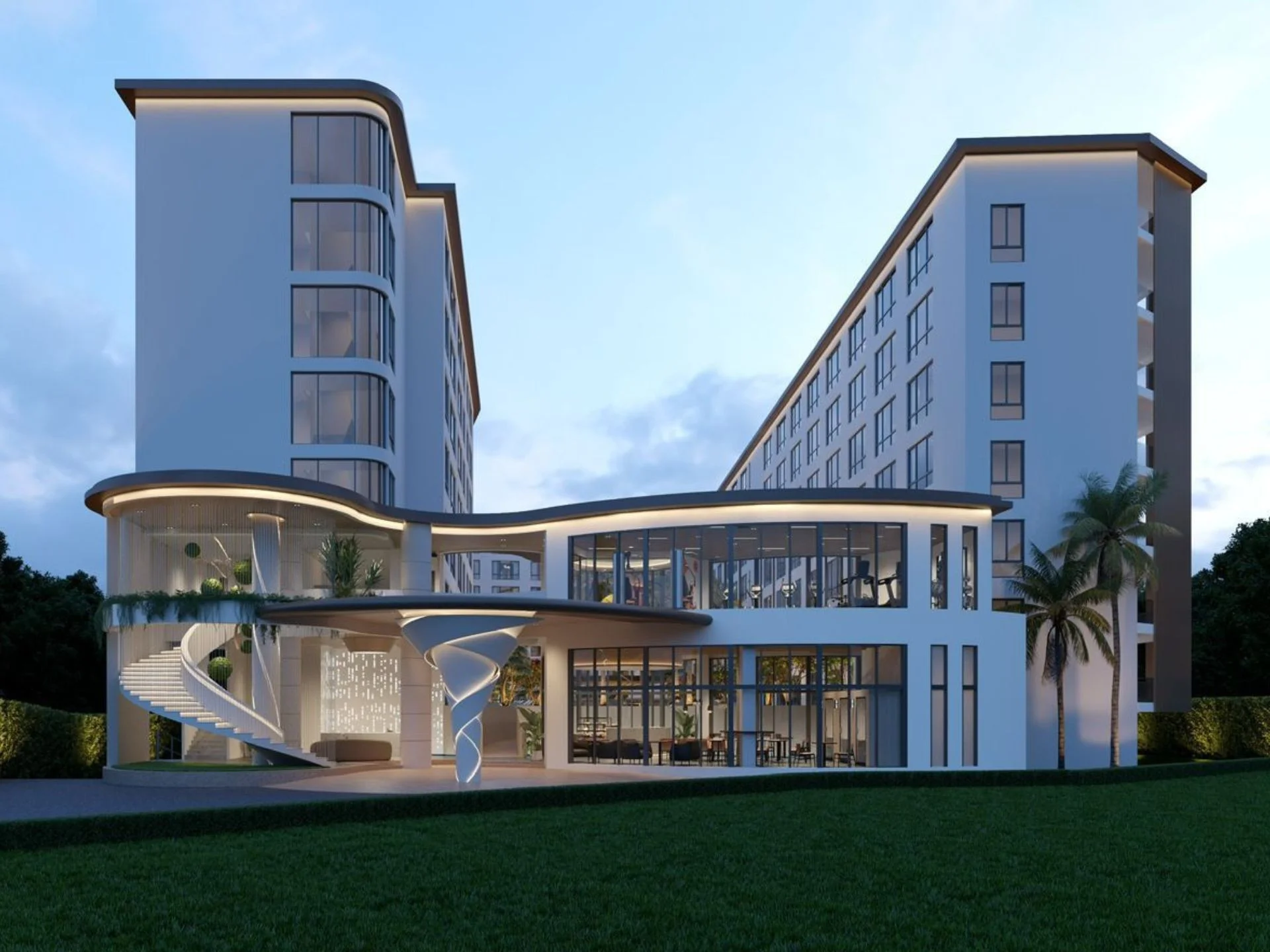 Nowoczesna architektura Capri Residence z zakrzywioną fasadą i udogodnieniami, Tajlandia