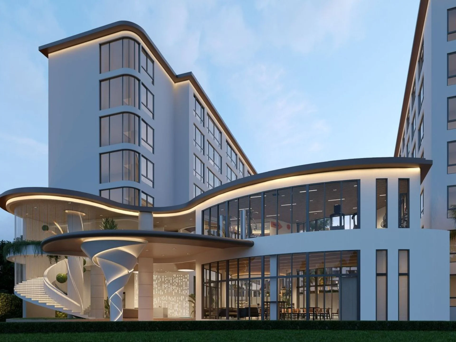 Nowoczesna architektura Capri Residence z zakrzywioną fasadą i udogodnieniami na parterze, Tajlandia