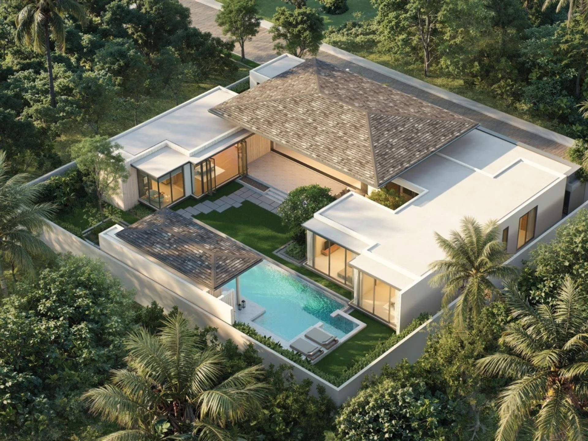 Aerial view of modern villa with private swimming pool at Botanica Majestia, Thailand