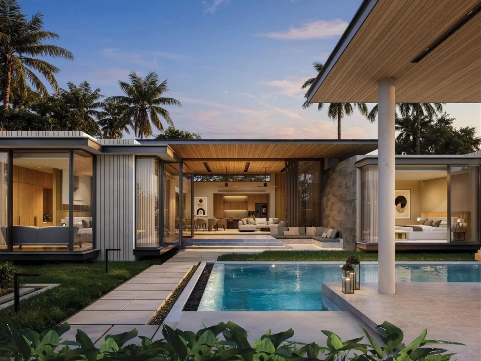 Modern villa architecture with swimming pool and tropical landscaping at Botanica Majestia, Thailand