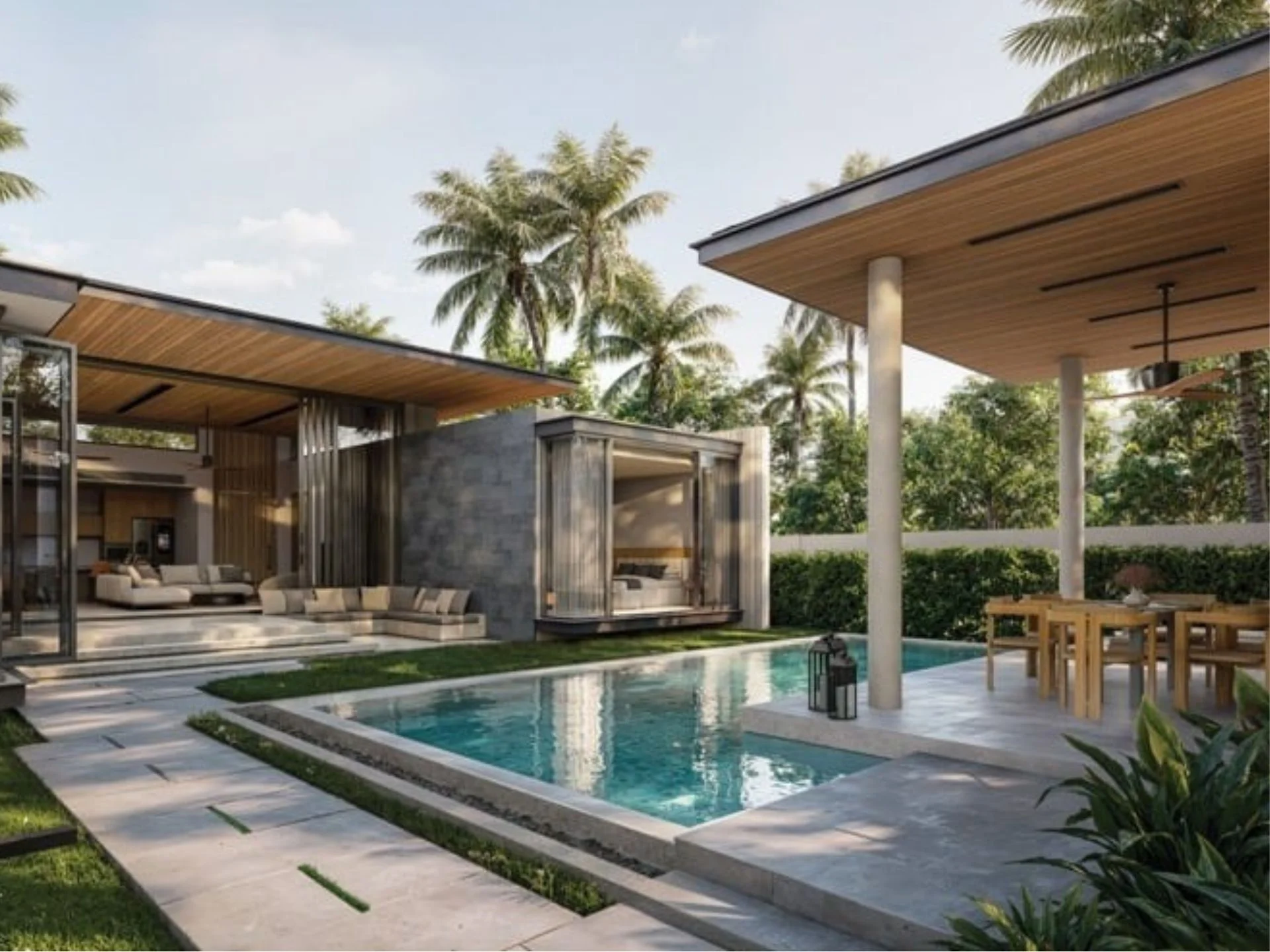 Landscaped courtyard with swimming pool and wooden pergola at Botanica Majestia, Thailand