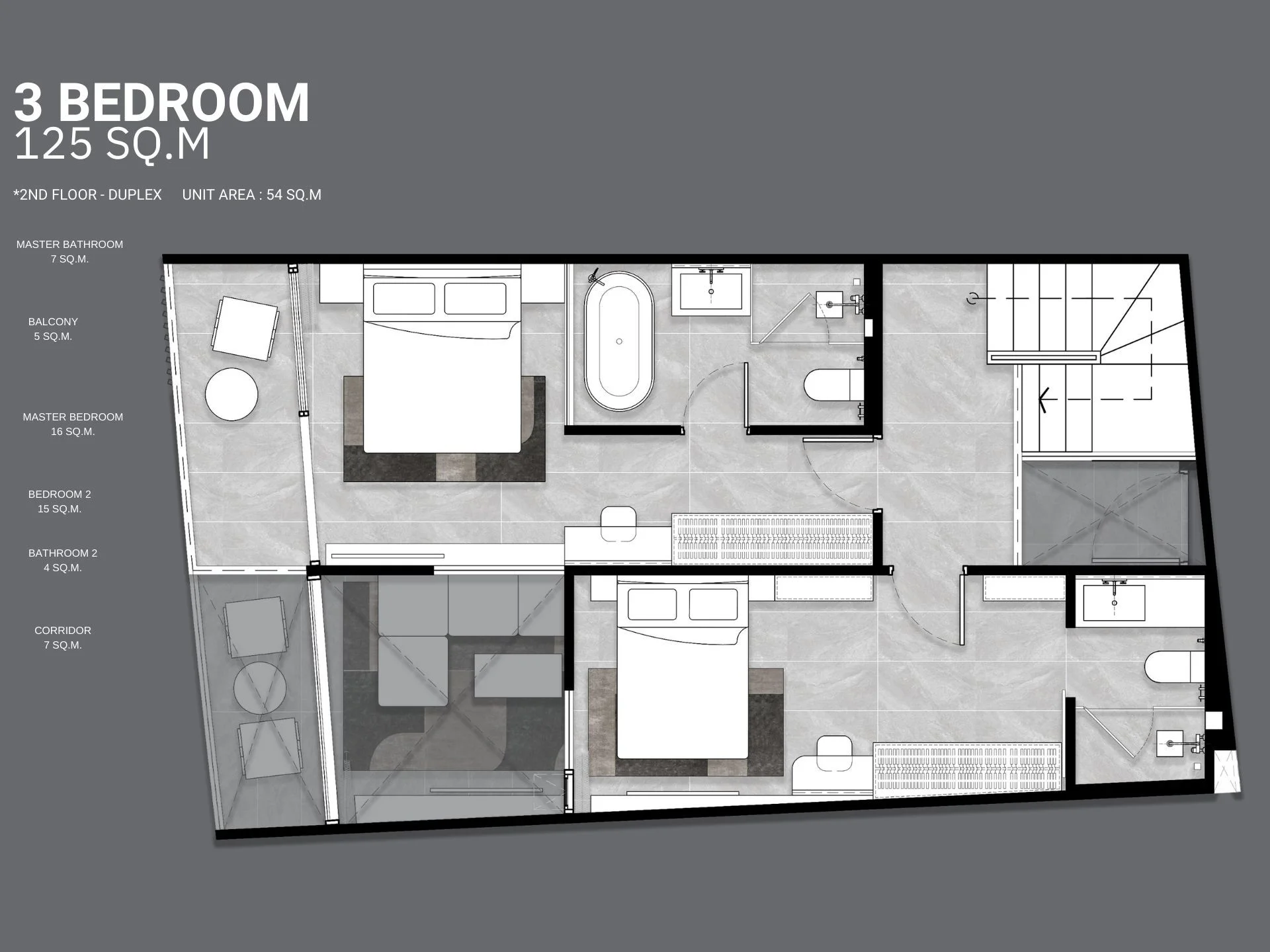 3 bed Duplex 125 sqm unit plan