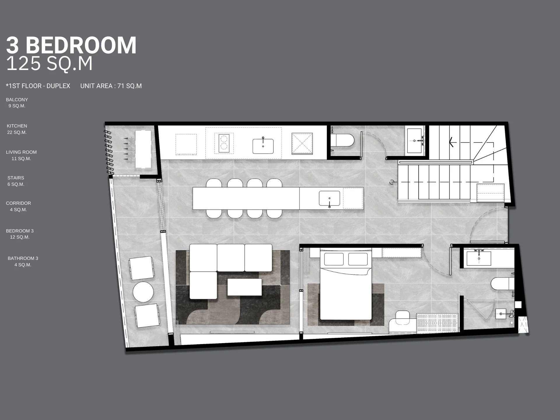 3 bed Duplex 125 sqm unit plan