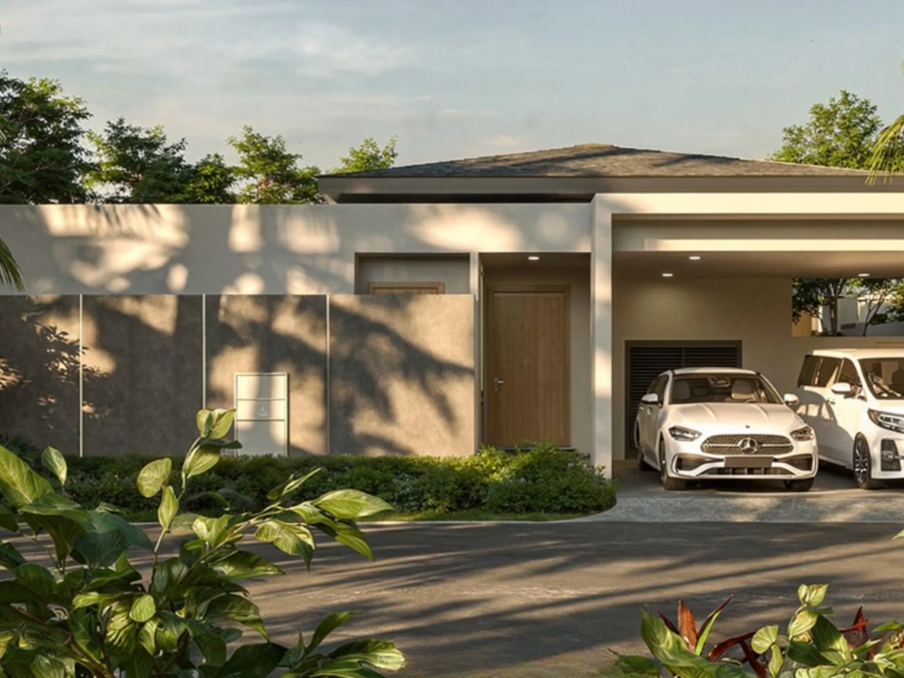 Architettura villa moderna con ingresso paesaggistico e carport a The Verdant by Botanica, Thalang