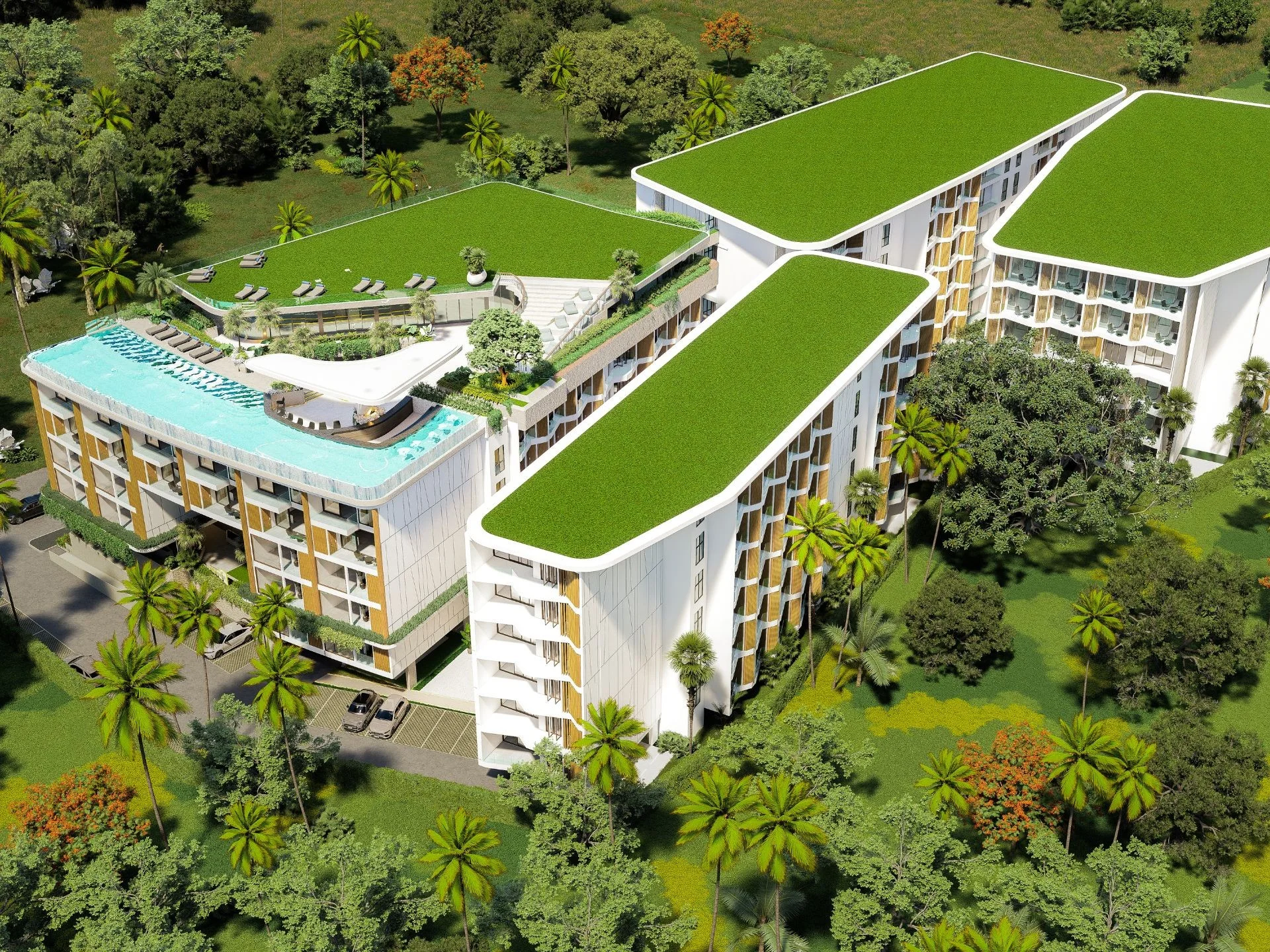 Вид с воздуха на жилой комплекс Citygate De Phuket с зелеными крышами и бассейном, Таиланд