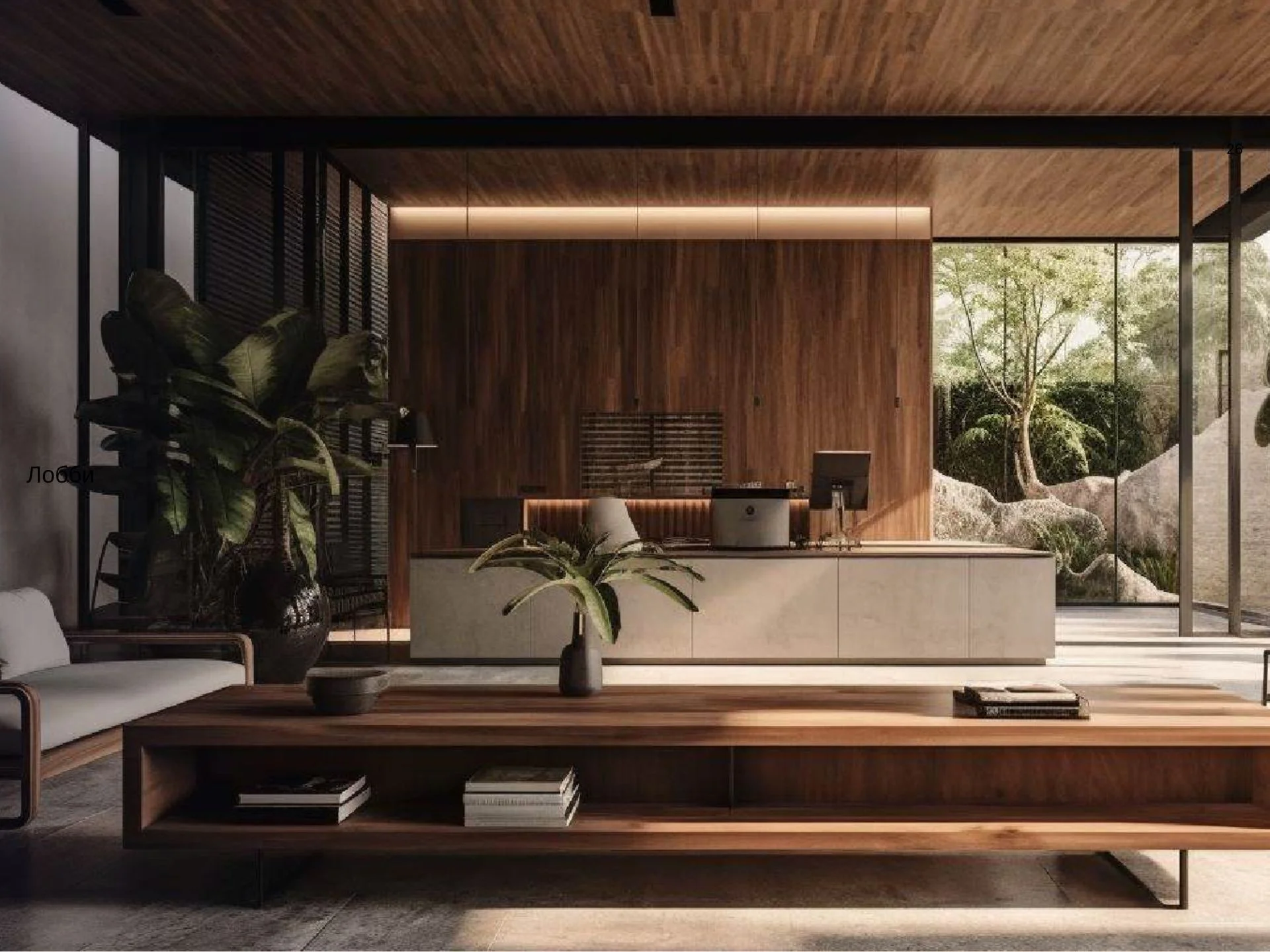 Lobby interior with wooden finishes and reception desk at Essence, Thailand