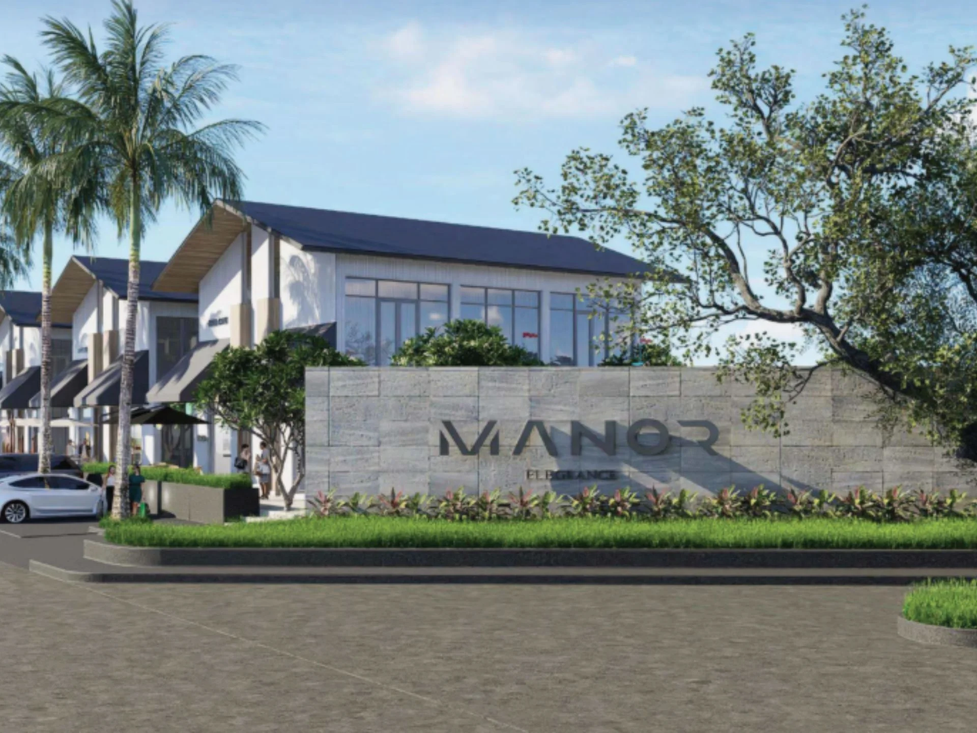 Architecture of Manor Villas residence with entrance sign, Thailand