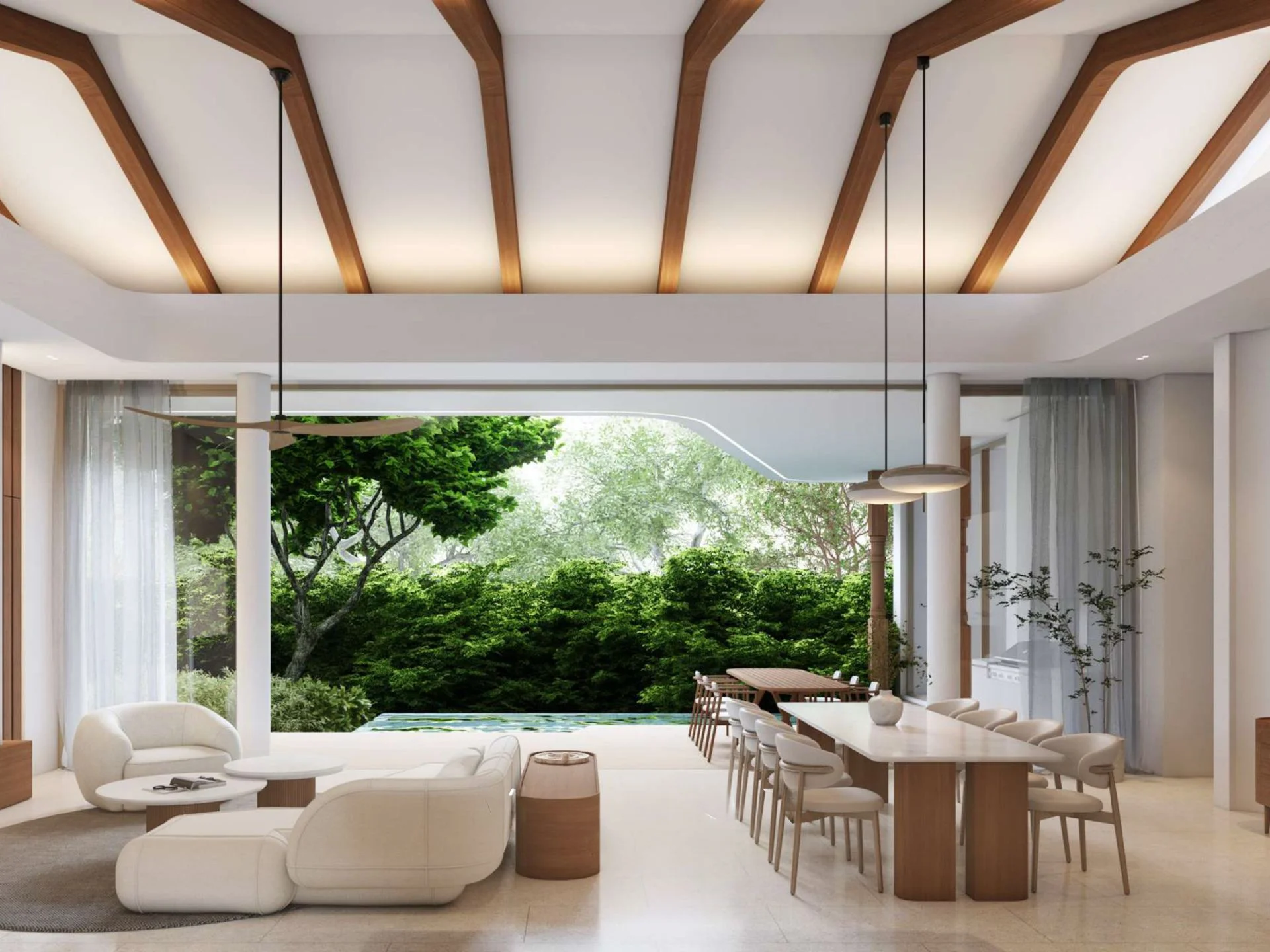 Open-plan living and dining area with pool view at Manor Villas, Thailand