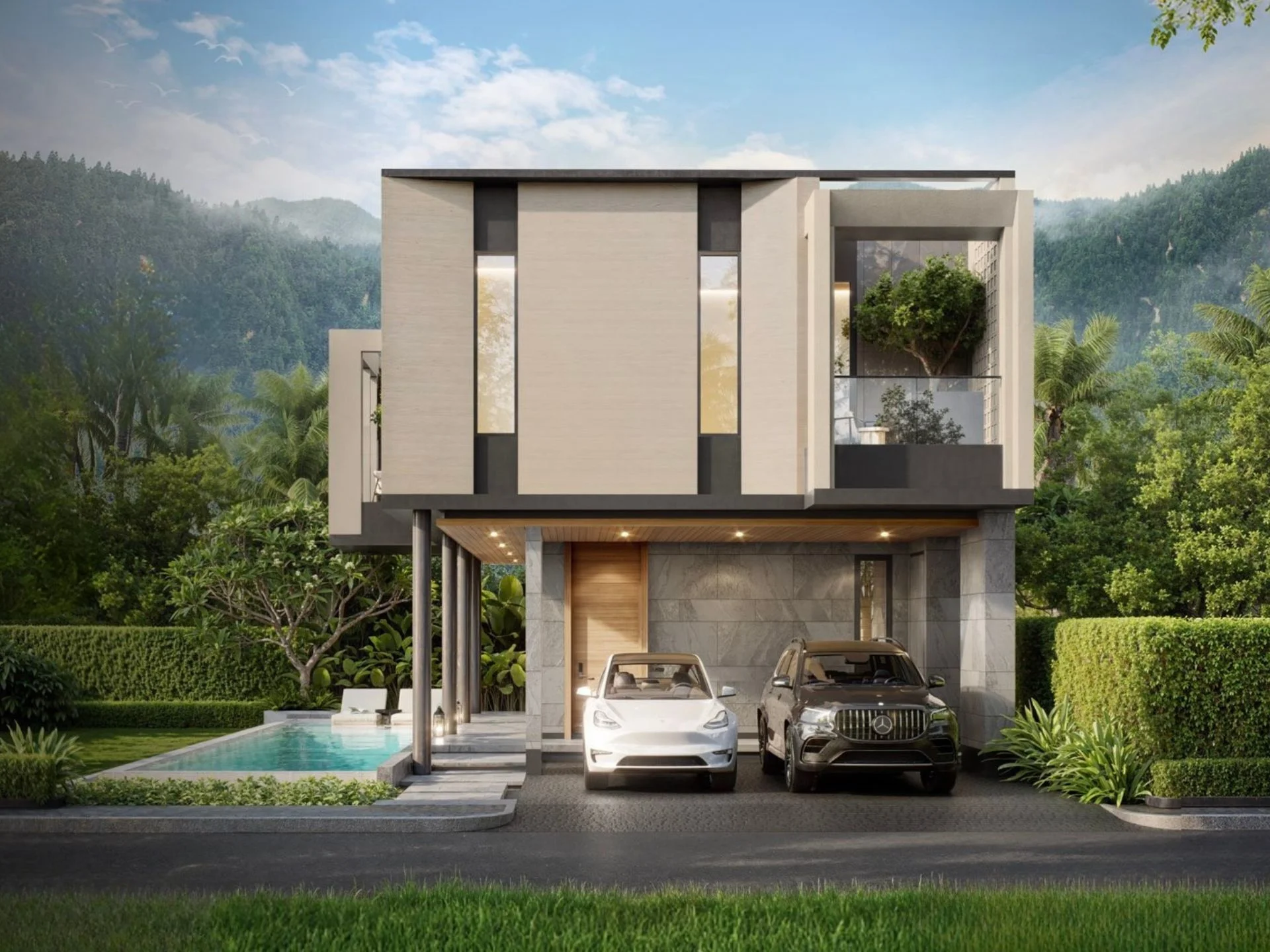 Architecture de villa moderne avec vue sur les montagnes à The Title Villa Kirara, Bang Tao
