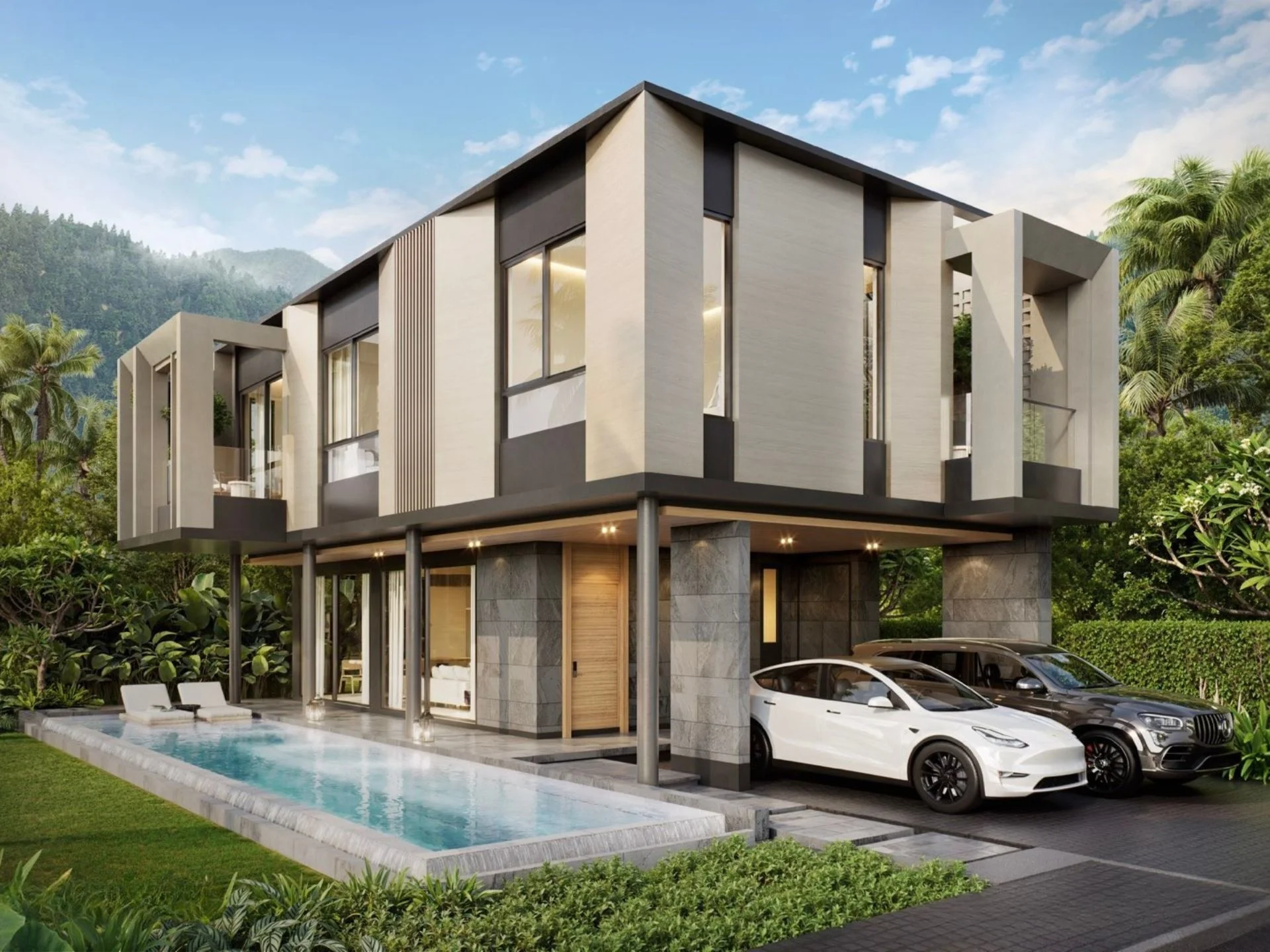 Architecture de villa moderne avec piscine et vue sur les montagnes à The Title Villa Kirara, Bang Tao