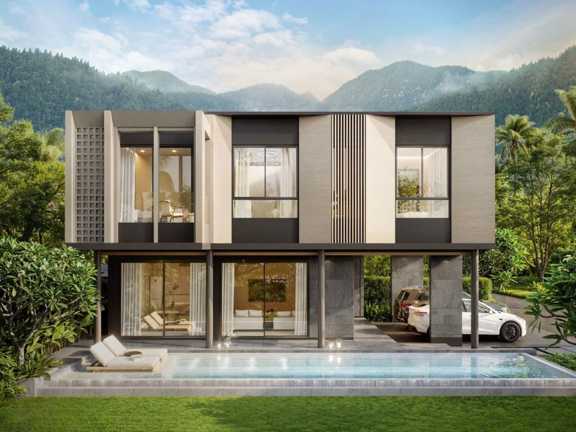 Architecture de villa moderne avec piscine privée et vue sur les montagnes, Bang Tao