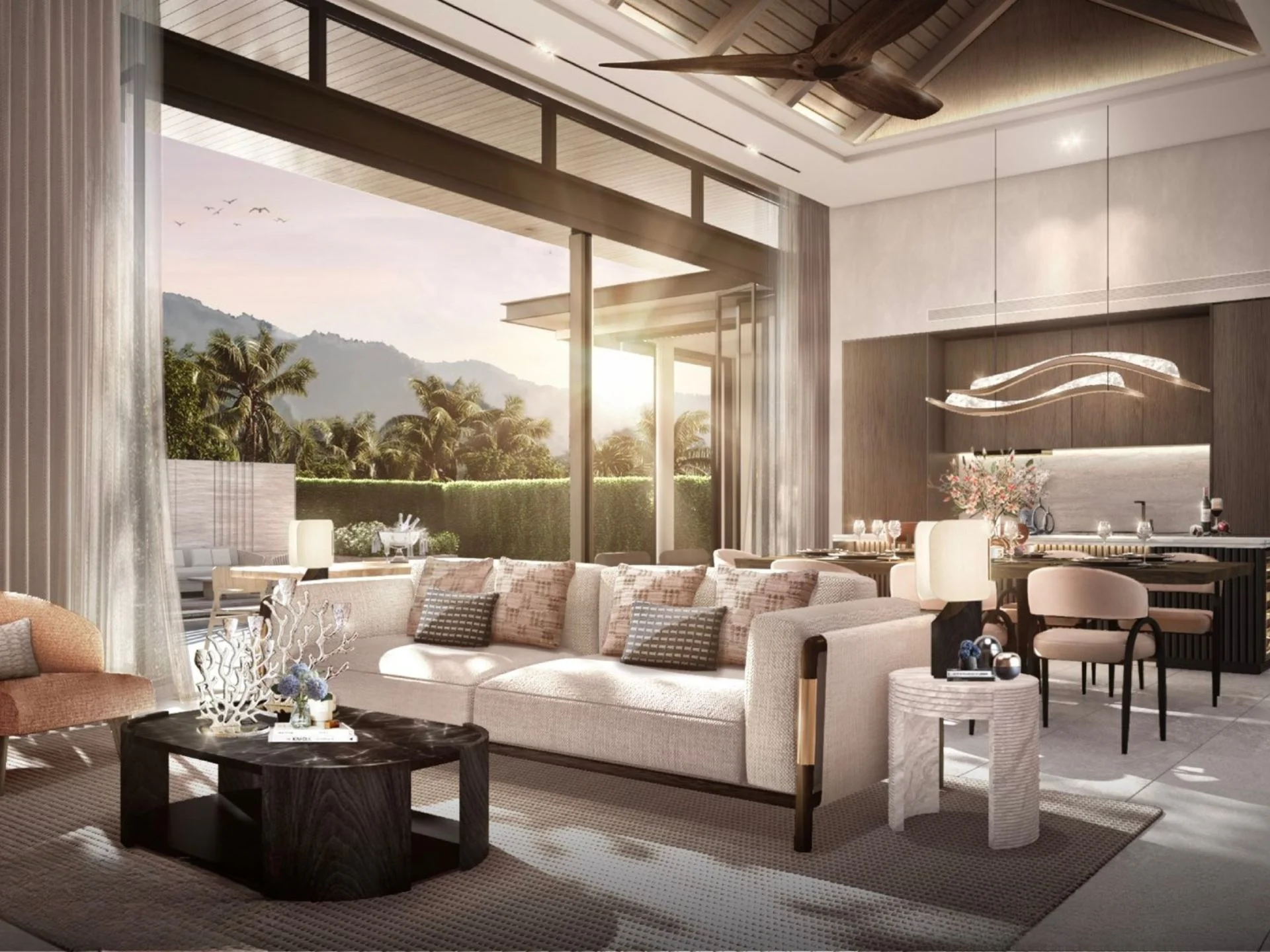 Intérieur du salon avec vue sur les montagnes dans villa 3 chambres à The Title Villa Kirara, Bang Tao
