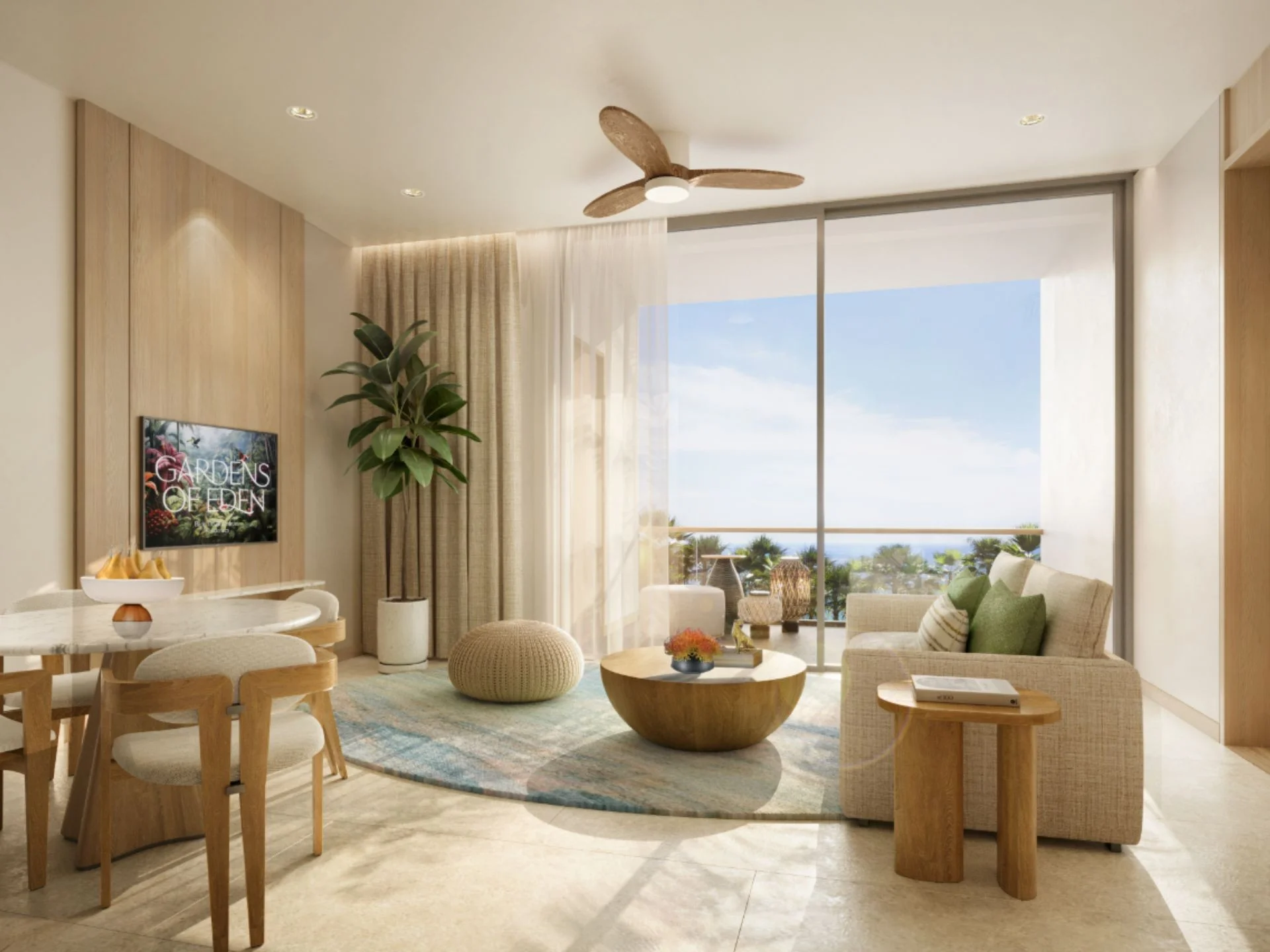 Salon z widokiem na morze w apartamencie z 1 sypialnią w Gardens of Eden, Tajlandia