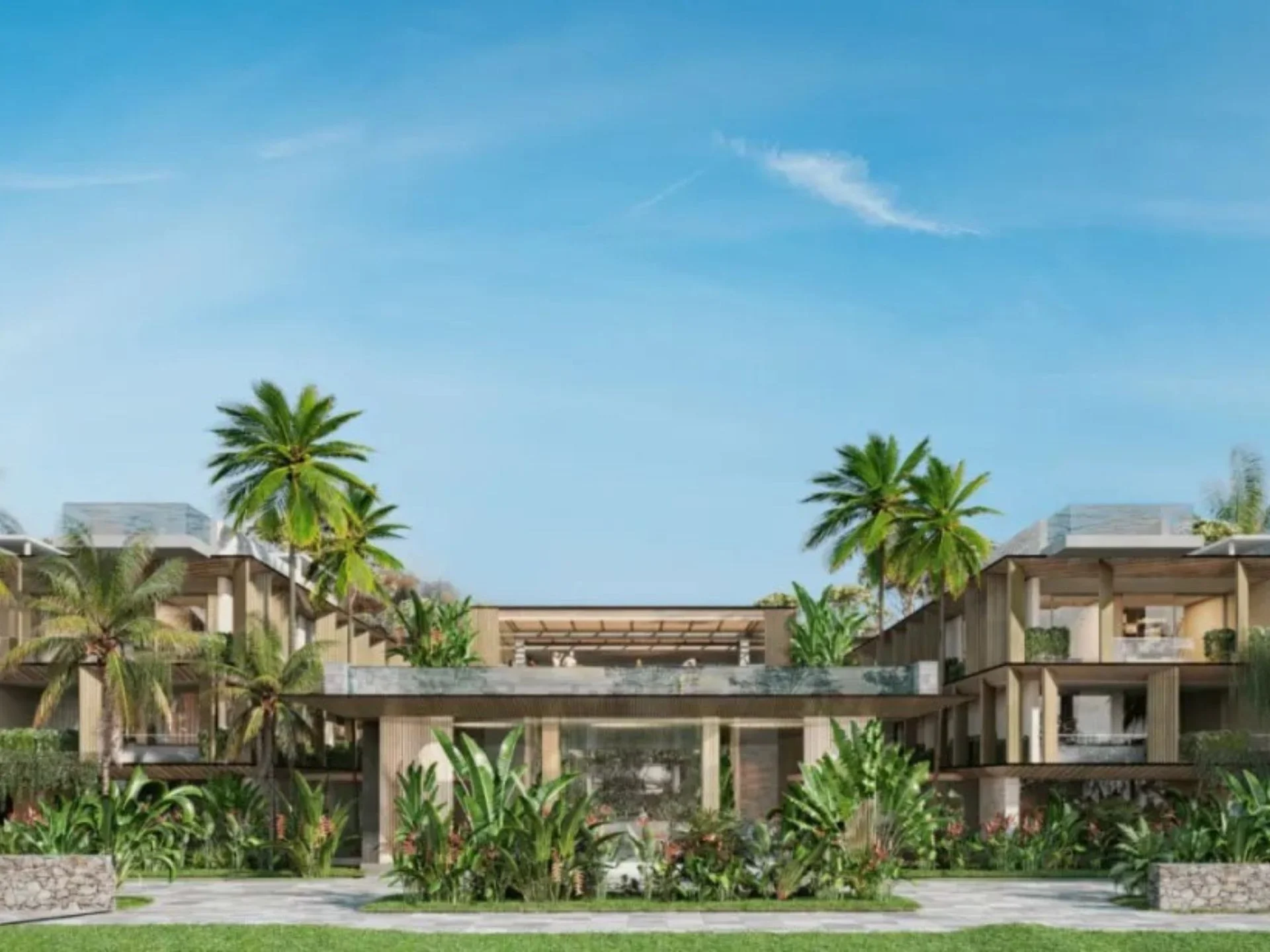 Architecture of Gardens of Eden Park Residences with tropical landscaping, Thailand