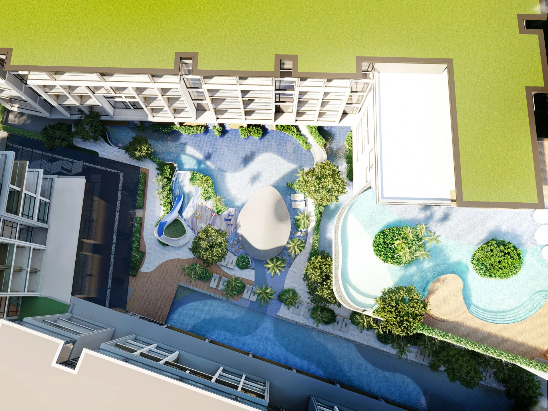 Aerial view of Sea Heaven complex courtyard with swimming pools and landscaping, Nai Tho