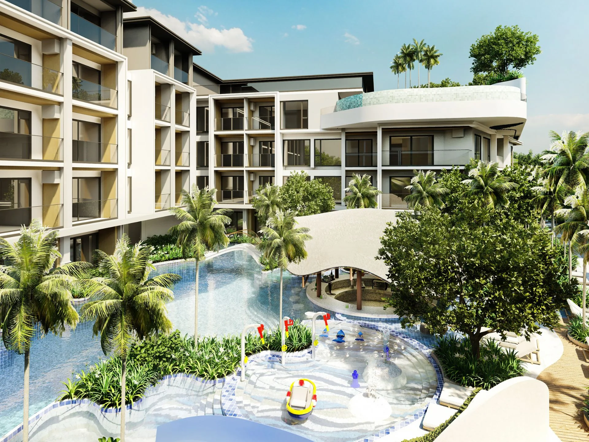 Komplexe Infrastruktur mit Swimmingpool und Kinderwasserpark in Sea Heaven Nai Thon, Thailand