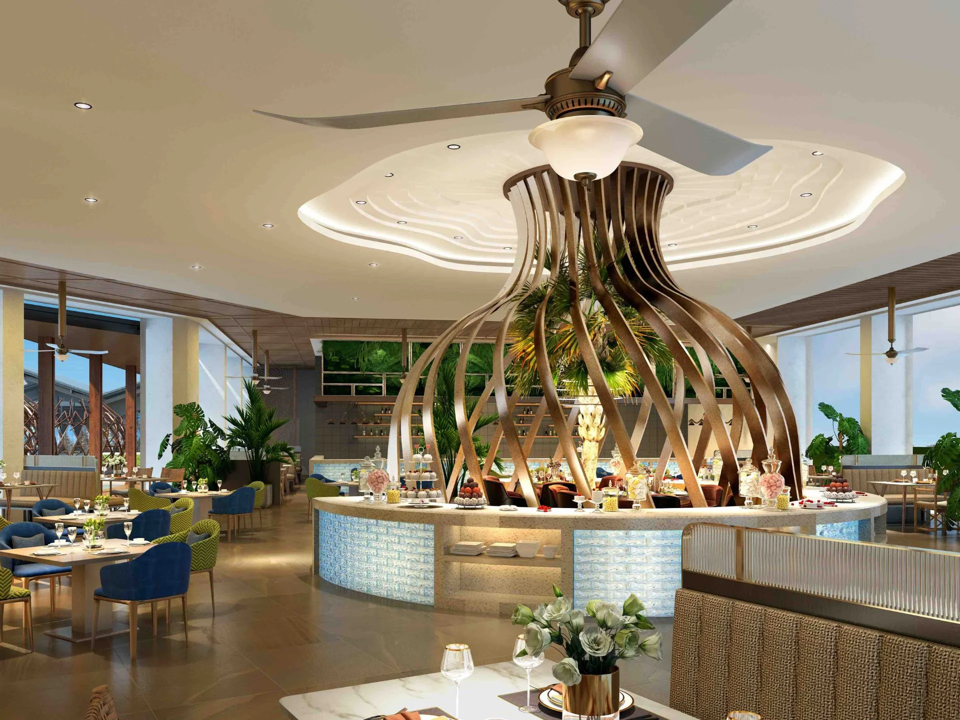 Restaurant interior with sculptural ceiling feature at Sea Heaven Nai Thon, Thailand