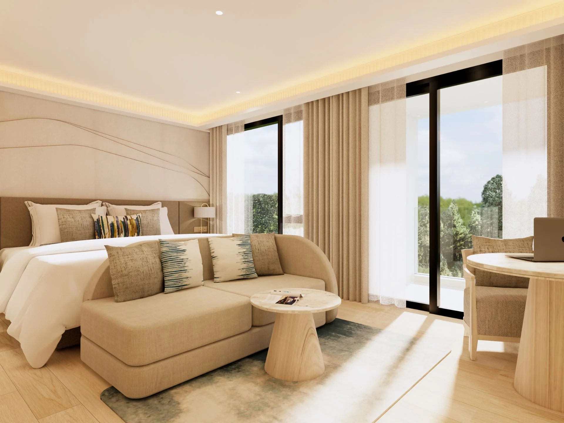 Hlavní ložnice s výhledem na moře v studiových apartmánech Sea Heaven Nai Thon, Thajsko