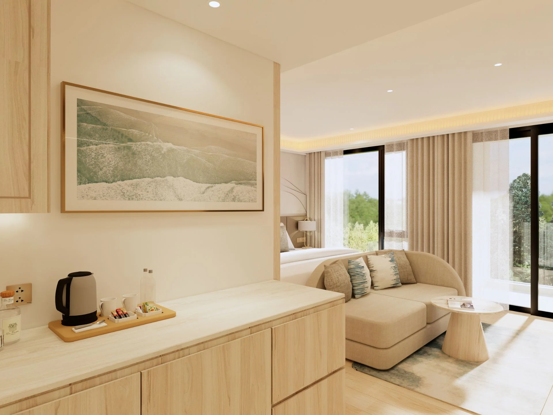 Studiointerieur mit Sitzbereich und Terrassenzugang im Sea Heaven Nai Thon, Thailand