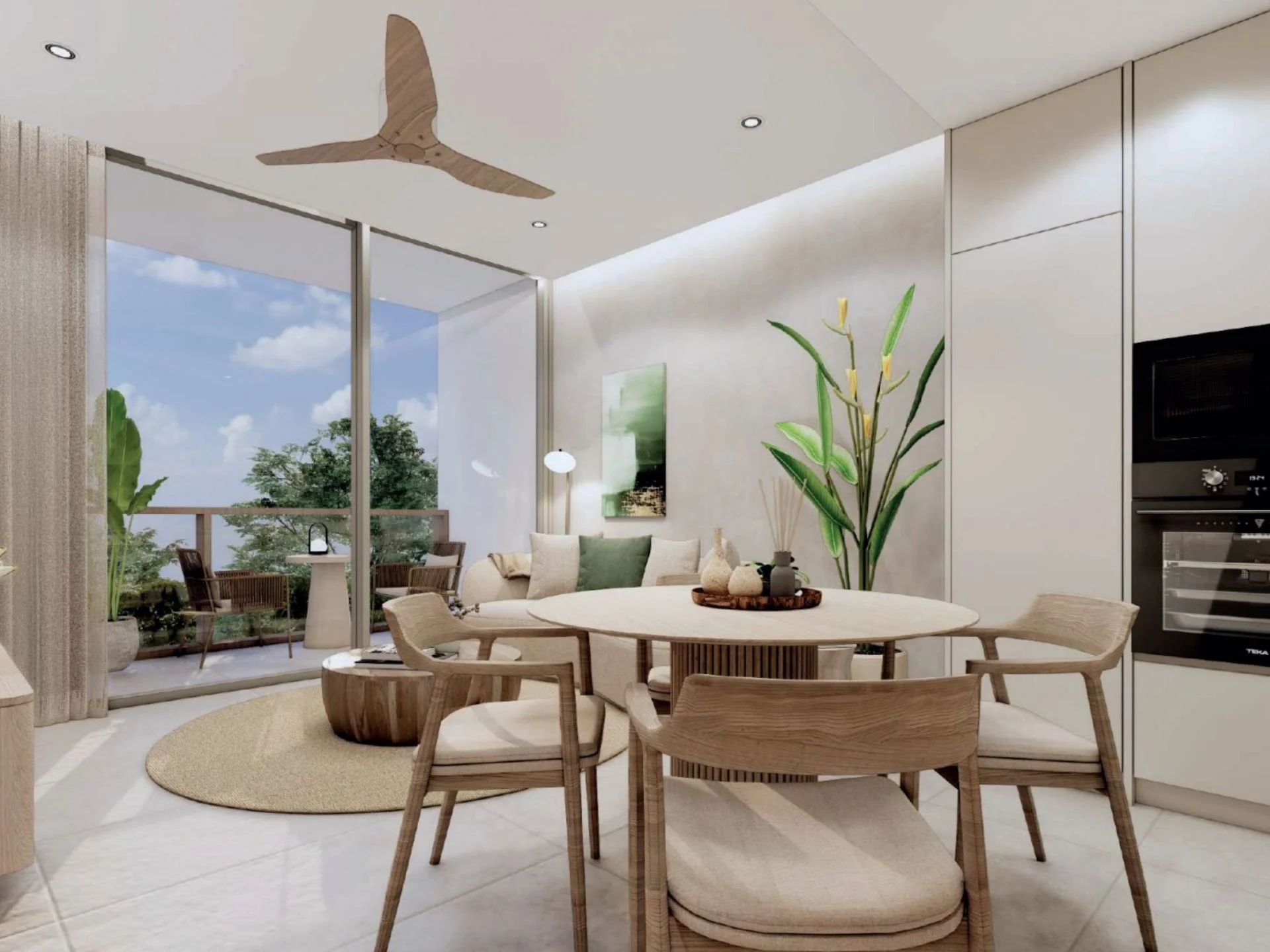 Zona living e dining open-plan con accesso alla terrazza in appartamento 1 camera a Gardens of Eden Park Residences, Taila...