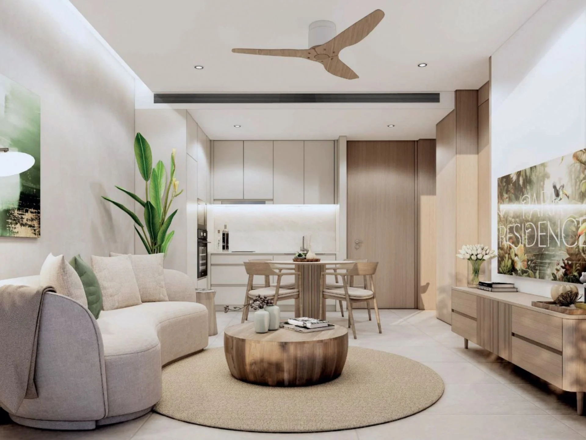 Soggiorno e cucina in appartamento monolocale a Gardens of Eden Park Residences, Tailandia