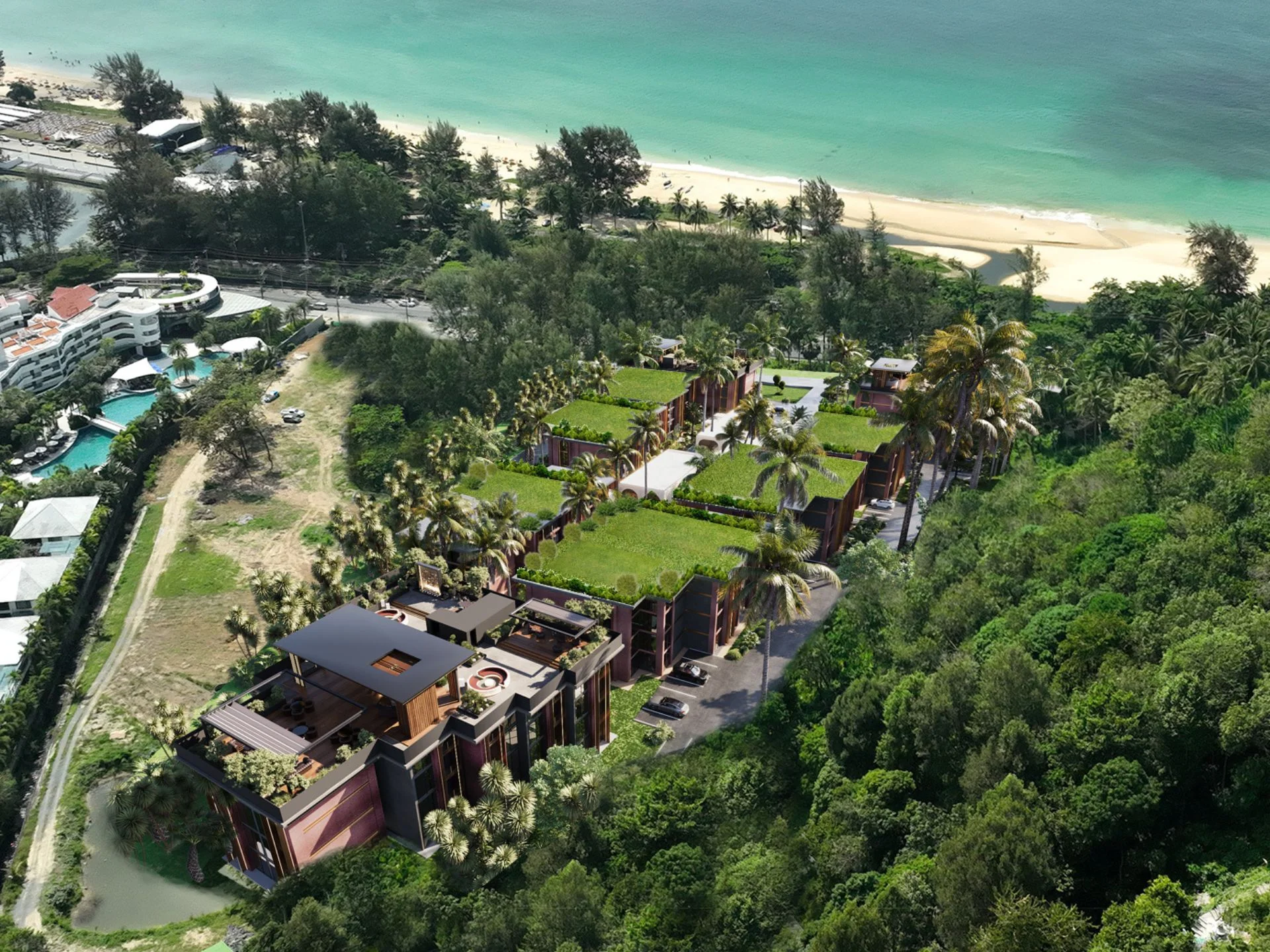 Vista aerea del complesso fronte spiaggia Hennessy Residence con ville e giardini, Karo