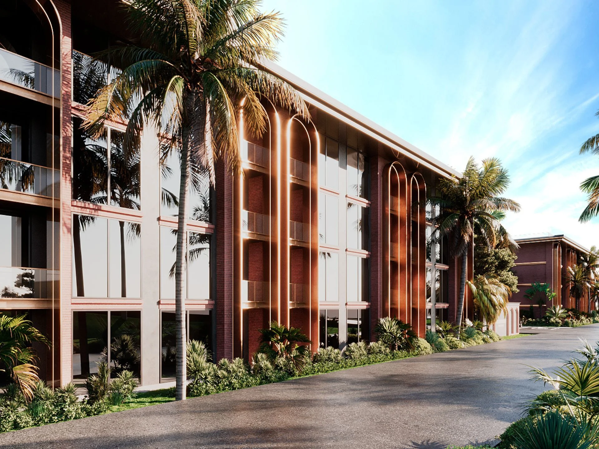 Architettura moderna della Hennessy Residence con facciata in mattoni e paesaggistica con palme, Karo