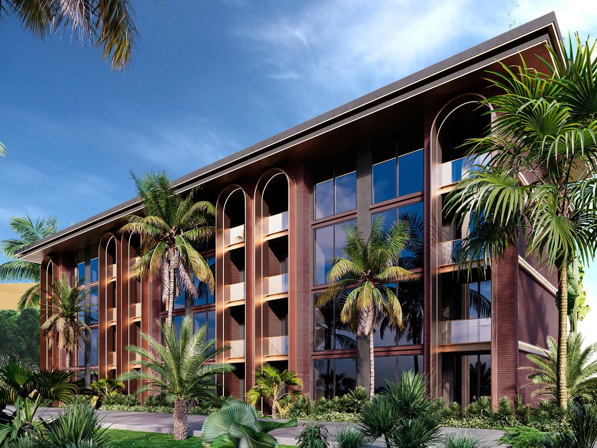 Architettura moderna in mattoni con finestre ad arco e paesaggistica tropicale a Hennessy Residence, Karo