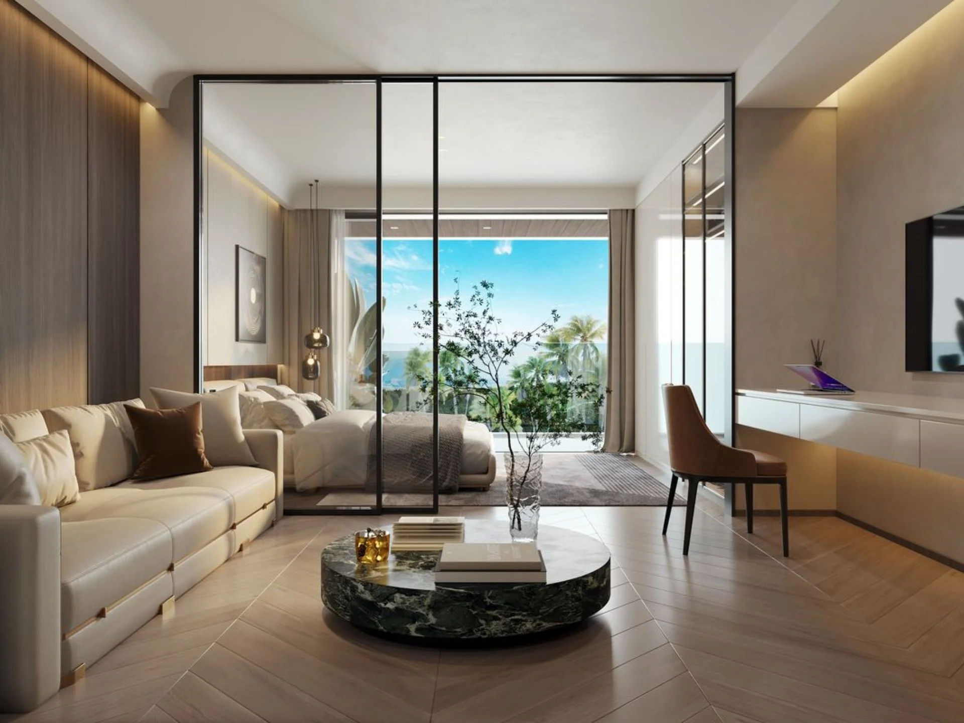 Living room interior with sea view in 1-bedroom apartment at AYANA Heights, Thailand