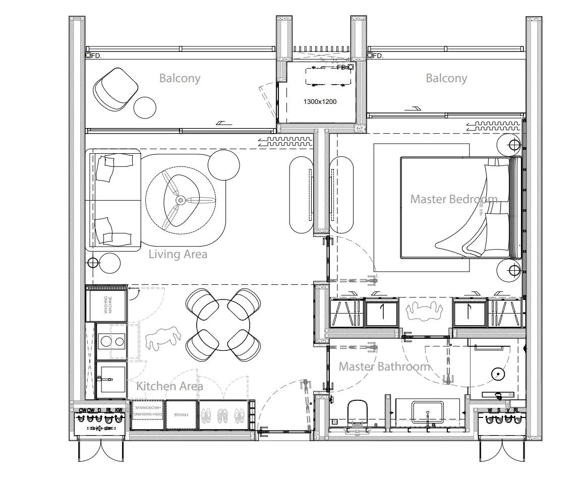1 bed 64 sqm unit plan